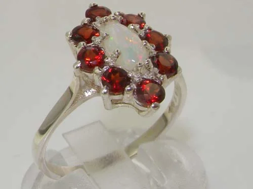 LBG British Made Solid 18k White Gold ring with Natural Opal & Garnet Womens Engagement Ring - 33 size options - Size 9.75