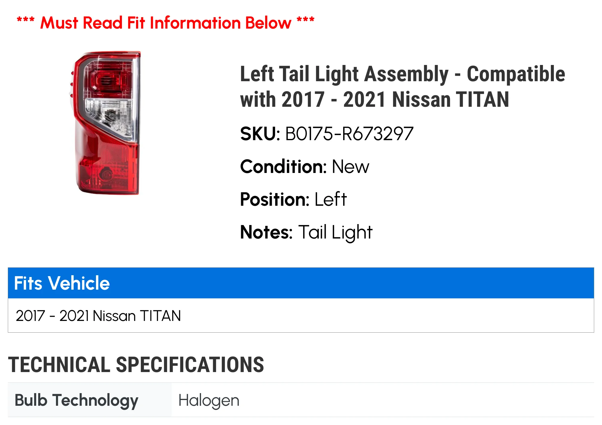 Left Tail Light Assembly - Compatible with 2017 - 2021 Nissan TITAN 2018 2019 2020