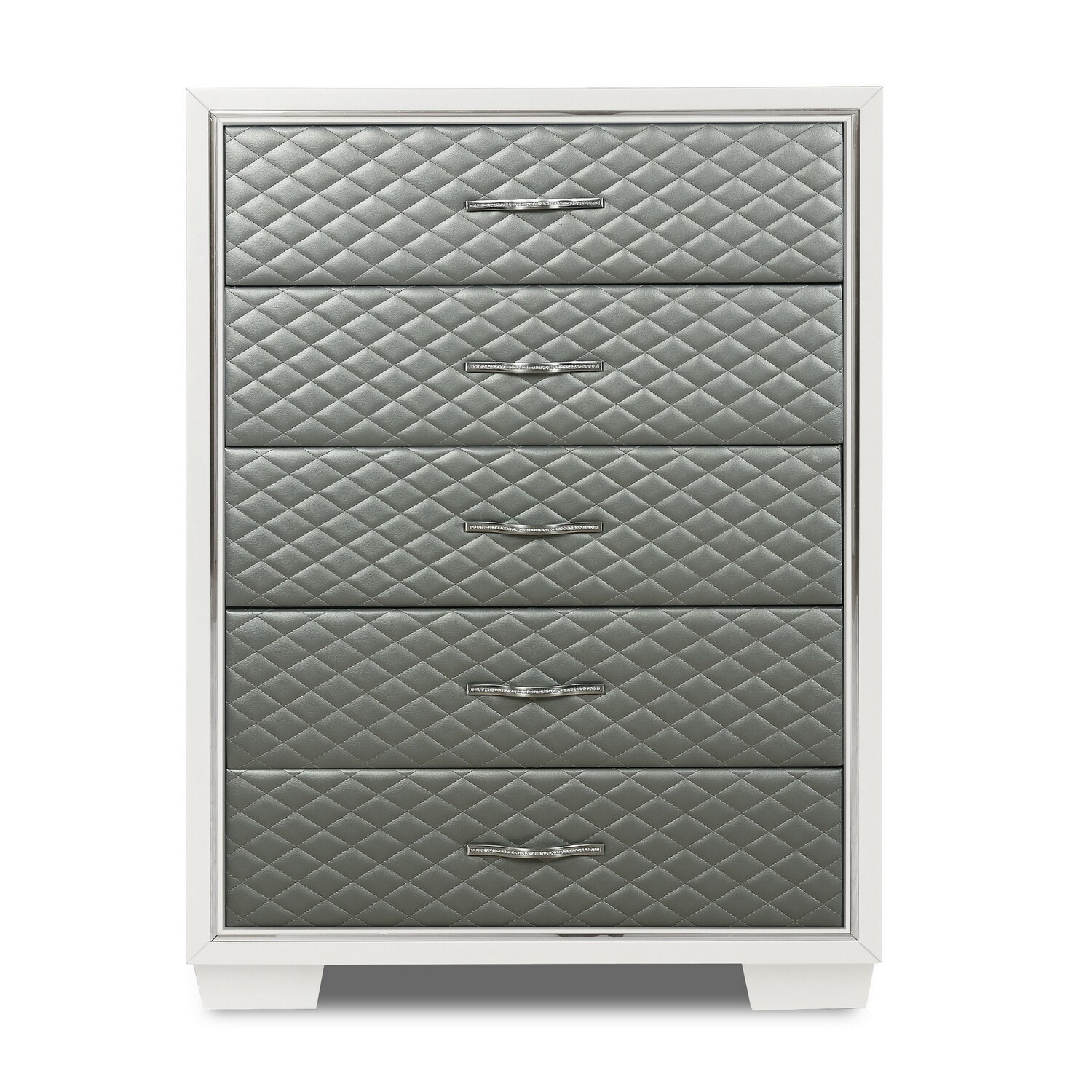 BenJara Inna 54 Inch Tall Dresser Chest, 5 Drawers, Silver Upholstery on White Wood