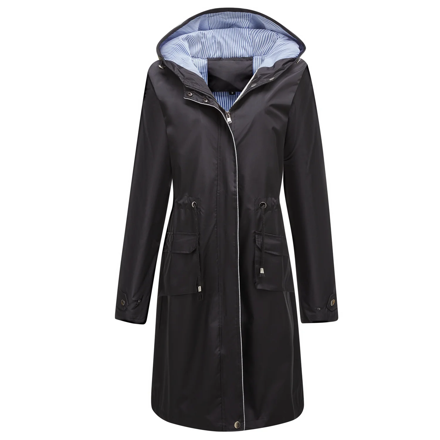 Homgro Women's Hooded Rain Jacket Long Waterproof Raincoat Ladies Fashion Casual Full Zip Anorak Spring Fall Jackets Knee Length Midi Windbreaker Pockets Black 12