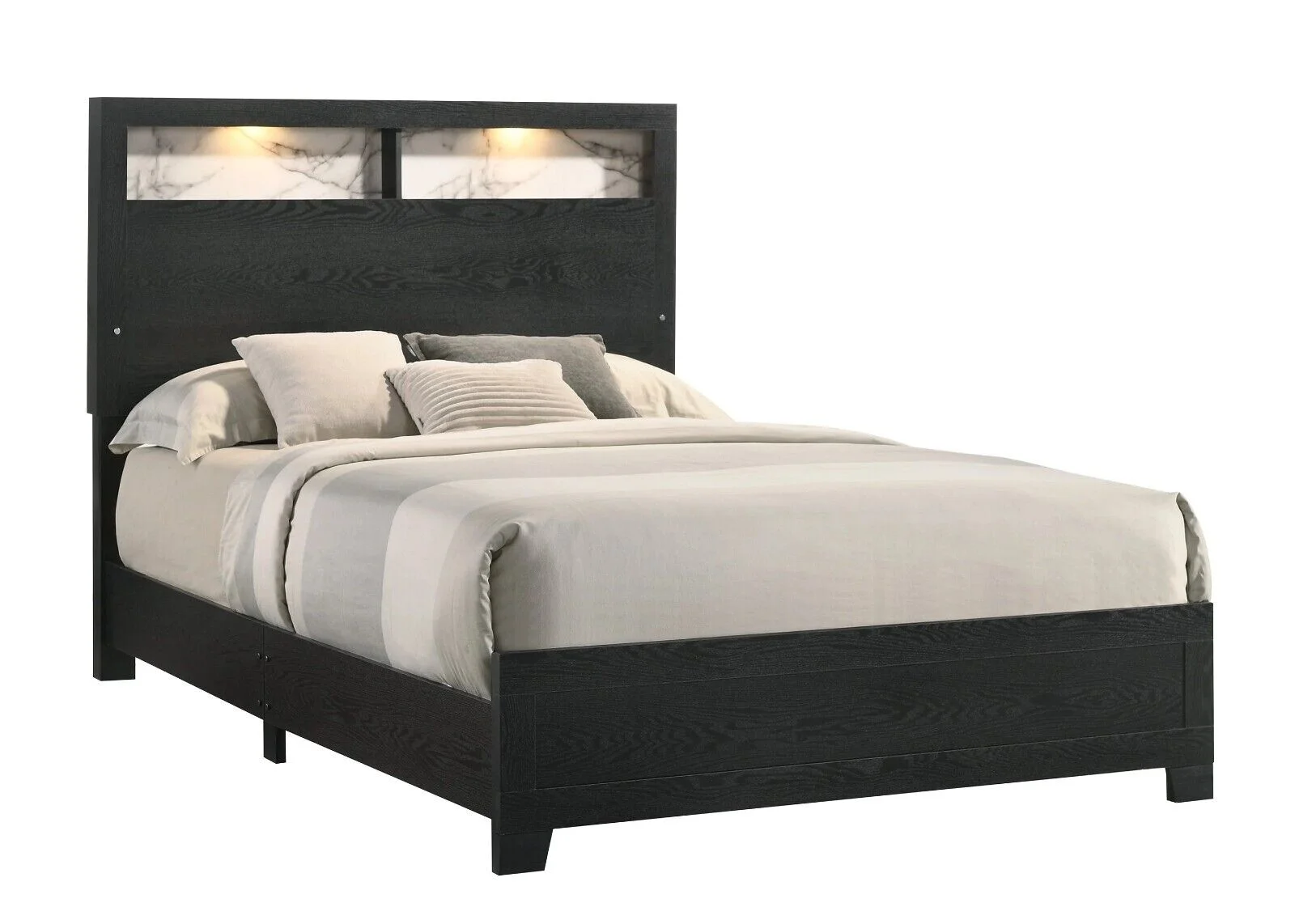Modern 4pc King Size LED Headboard Bed Dresser Mirror Nightand Wooden Bedroom Furniture Set Black