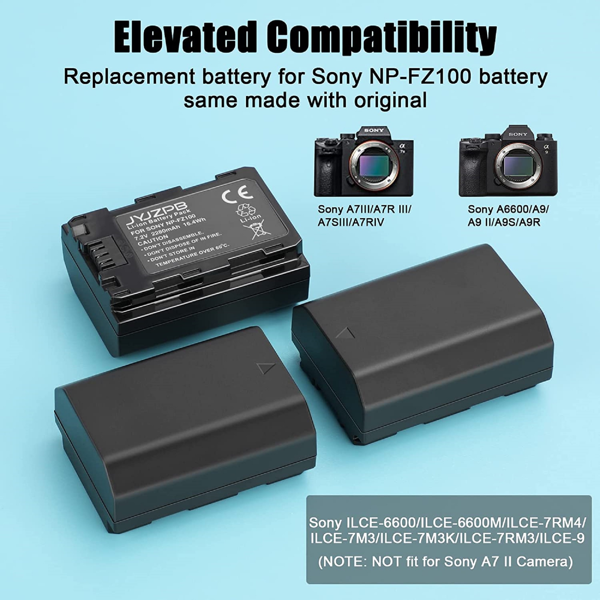 3 Pack 2280mAh Battery and Charger for Sony NP-FZ100 and Sony Alpha A7III, A7RIII, A9 Cameras