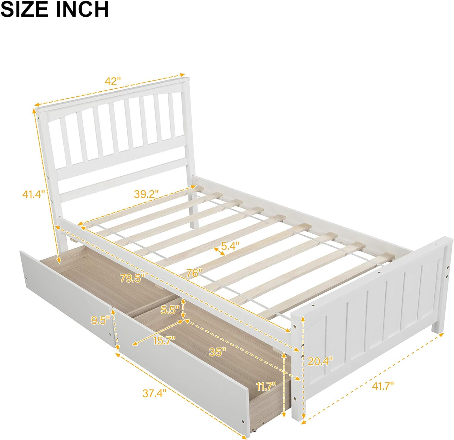 Size Bed With 2 Storage Drawers, Wood Platform Bed With Headboard & Footboard, Bed With Storage For Kids Girls Boys, o Box Sprig eeded,White