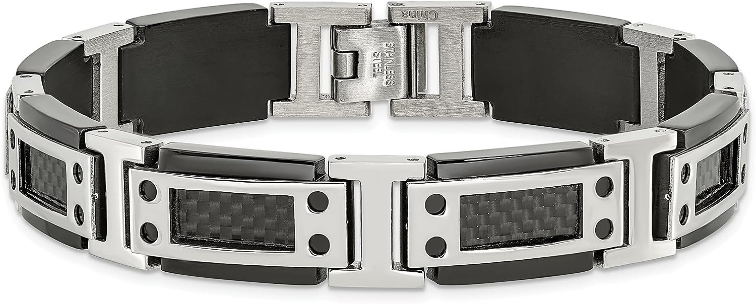 Chisel Stainless Steel Polished Black IP-plated with Black Carbon Fiber Inlay Link Bracelet - 8.5