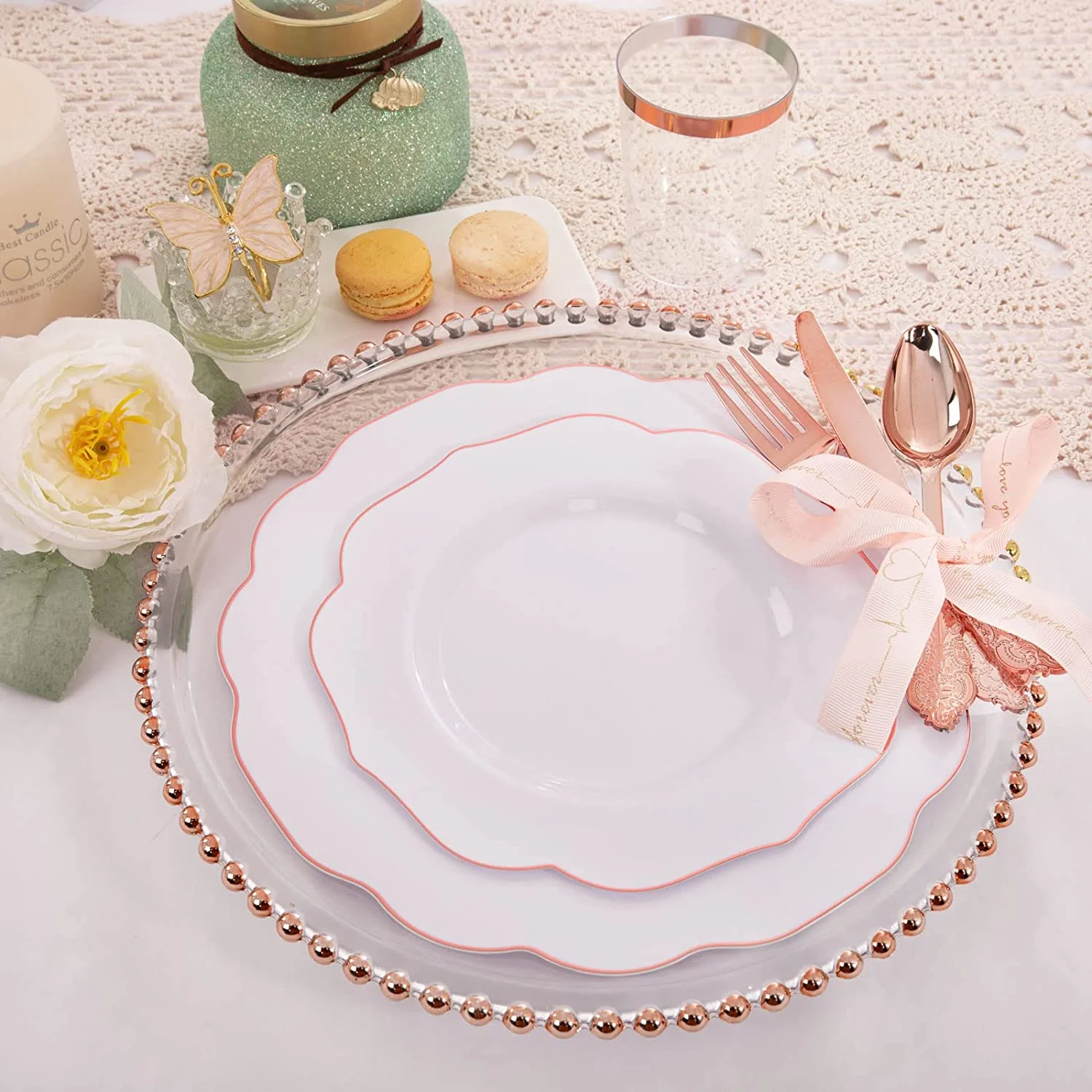 180PCS Rose Gold Plastic Plates with Disposable Silverware-Include 60 Plastic Plates, 30 Knives, 30 Forks,30 Spoons and 30 Cups-Suitable for Wedding, Party, Mother's Day