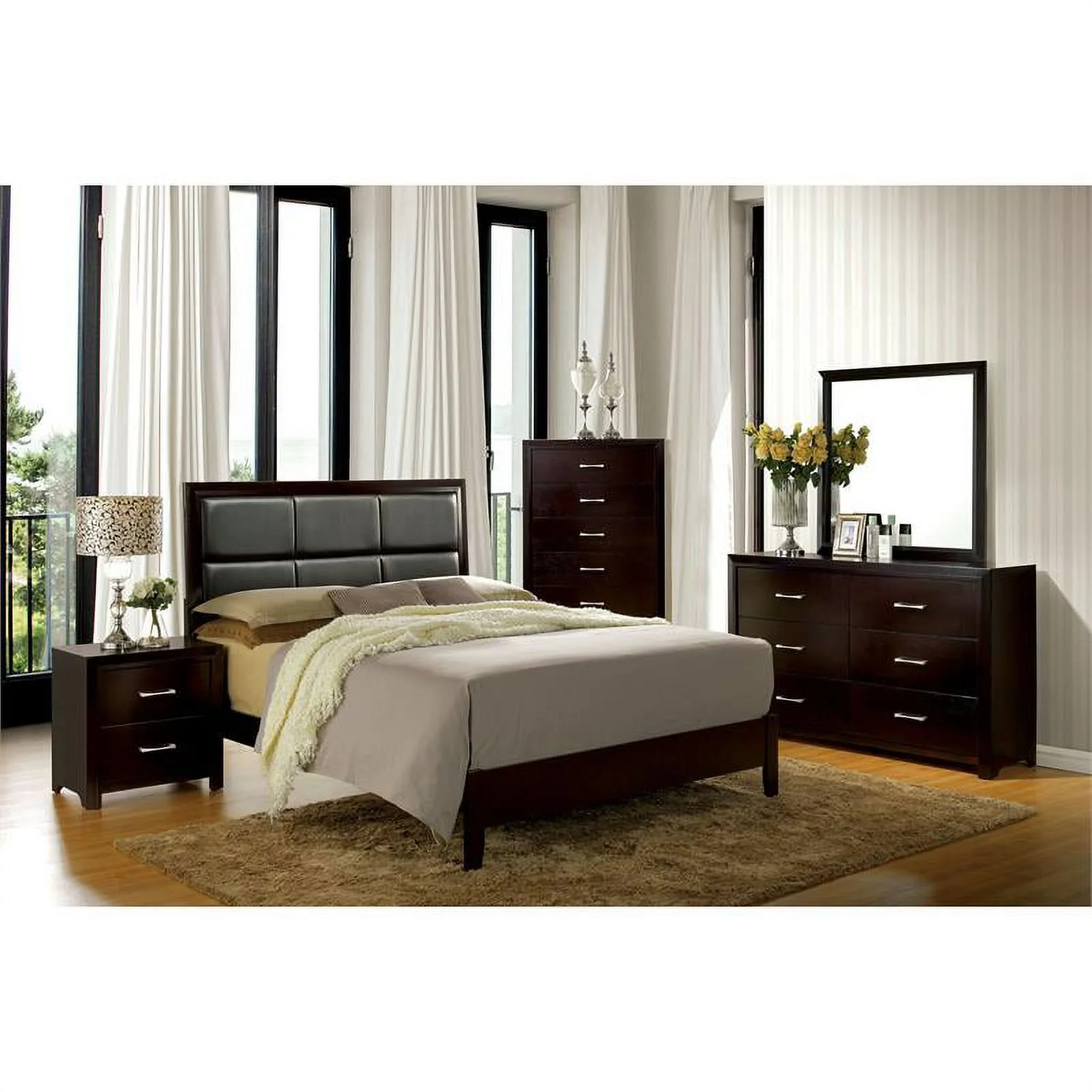FOA Barett 4pc Espresso Wood Bedroom Set - King+Nightstand+Dresser+Mirror