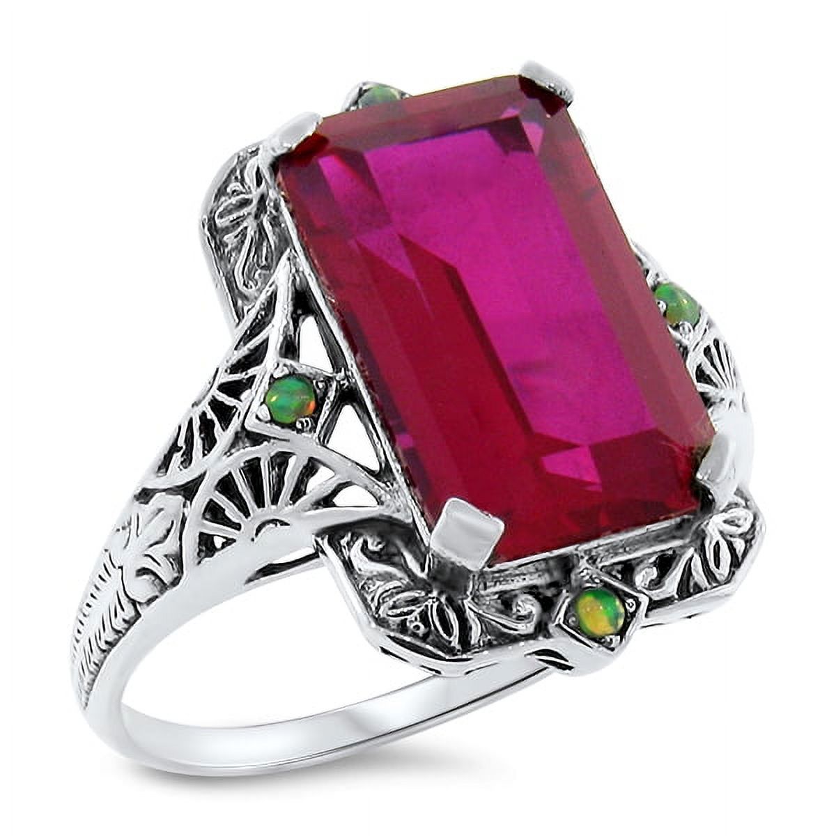 ART DECO STYLE 925 STERLING SILVER 9 CARAT VIVID RED LAB RUBY & OPAL RING    #479
