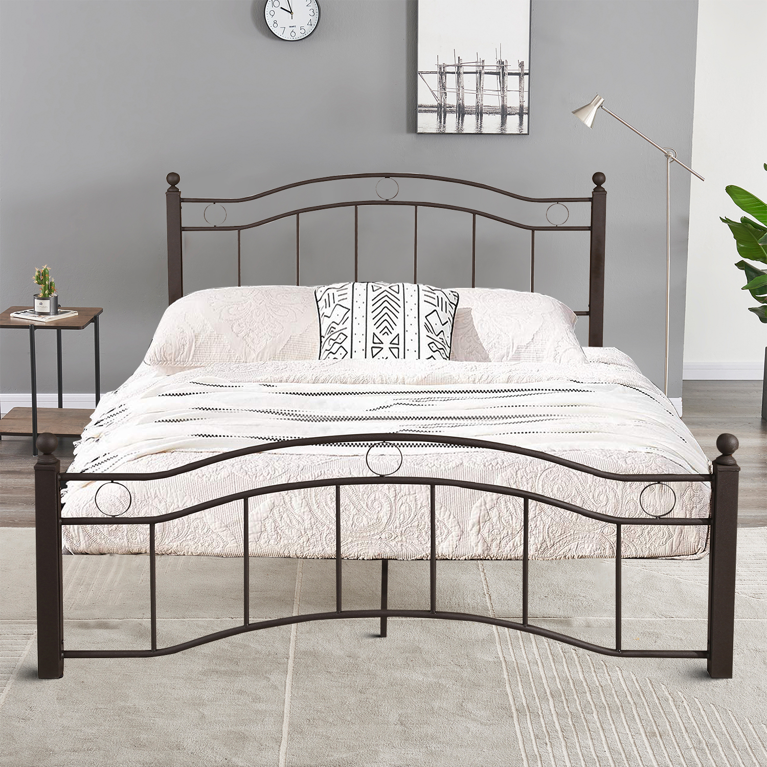 Vintage and Classic Style King Size Metal Frame Platform Bed with Headboard and Footboard, Bronze