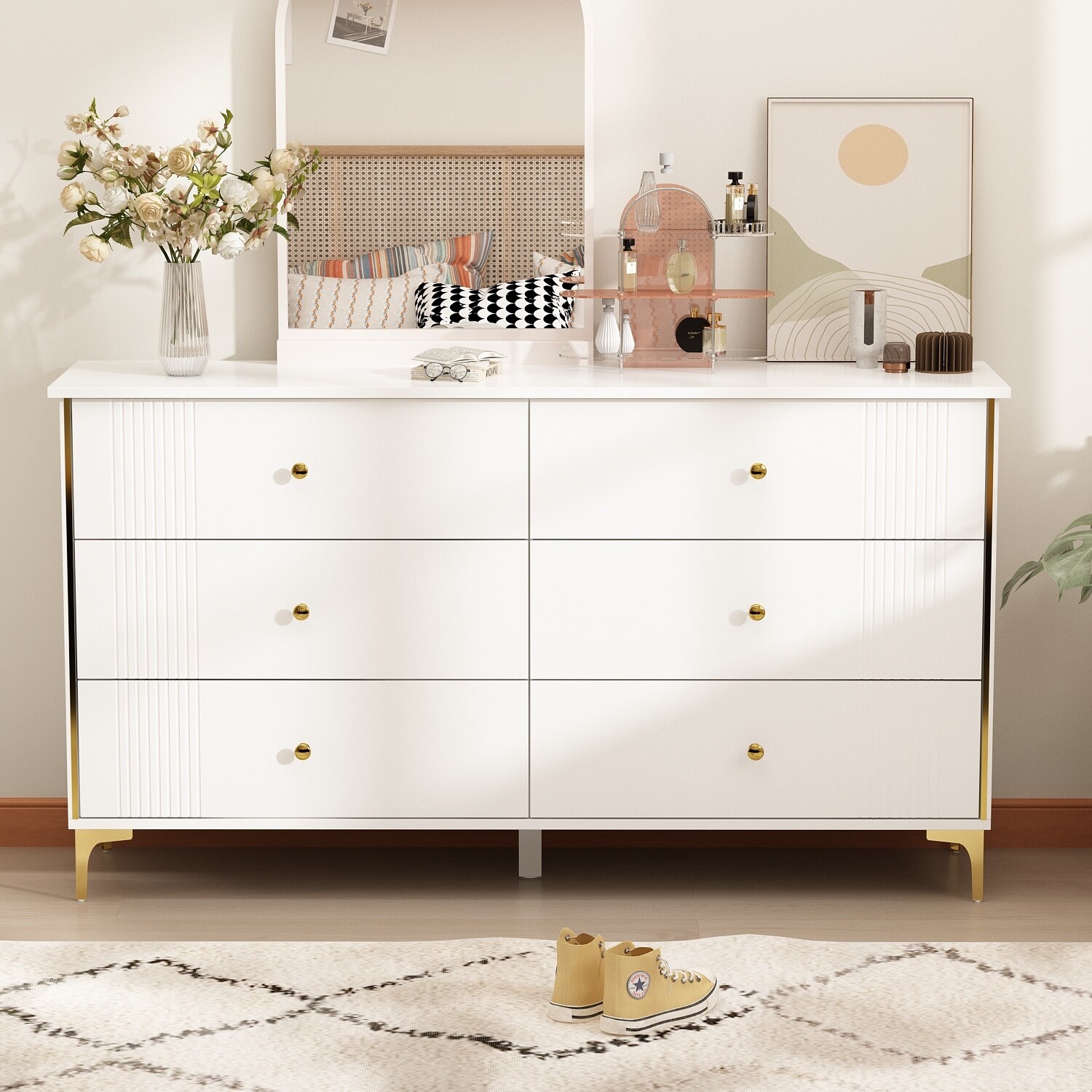 FUFU&GAGA White Lacquer Dresser 6 Drawer Dresser with Metal Handle and Legs White
