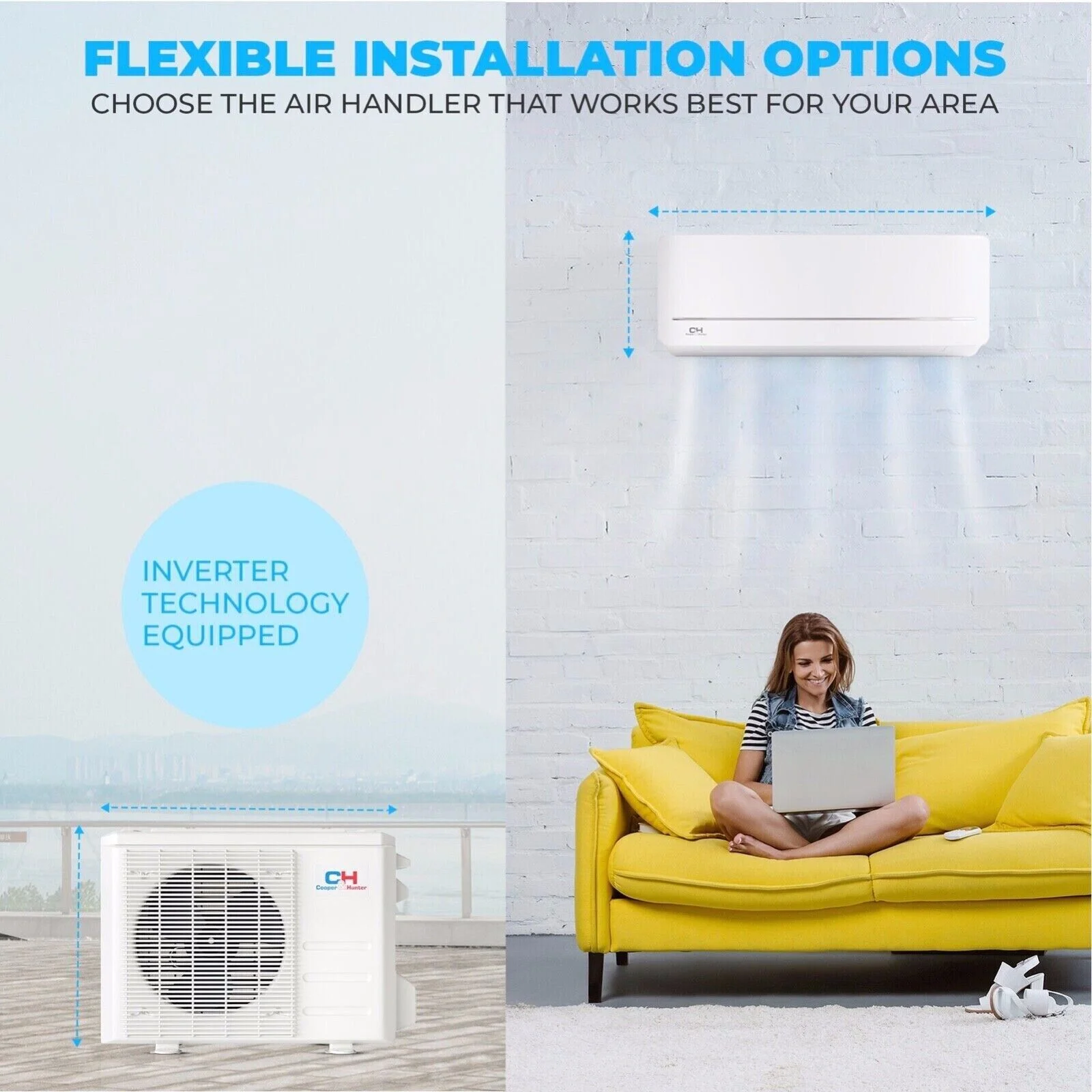 Cooper & Hunter 9000 BTU 115V Wall Mounted Mini Split Heat Pump Air Conditioner With 25ft Kit Cover 400 Sq Ft WiFi