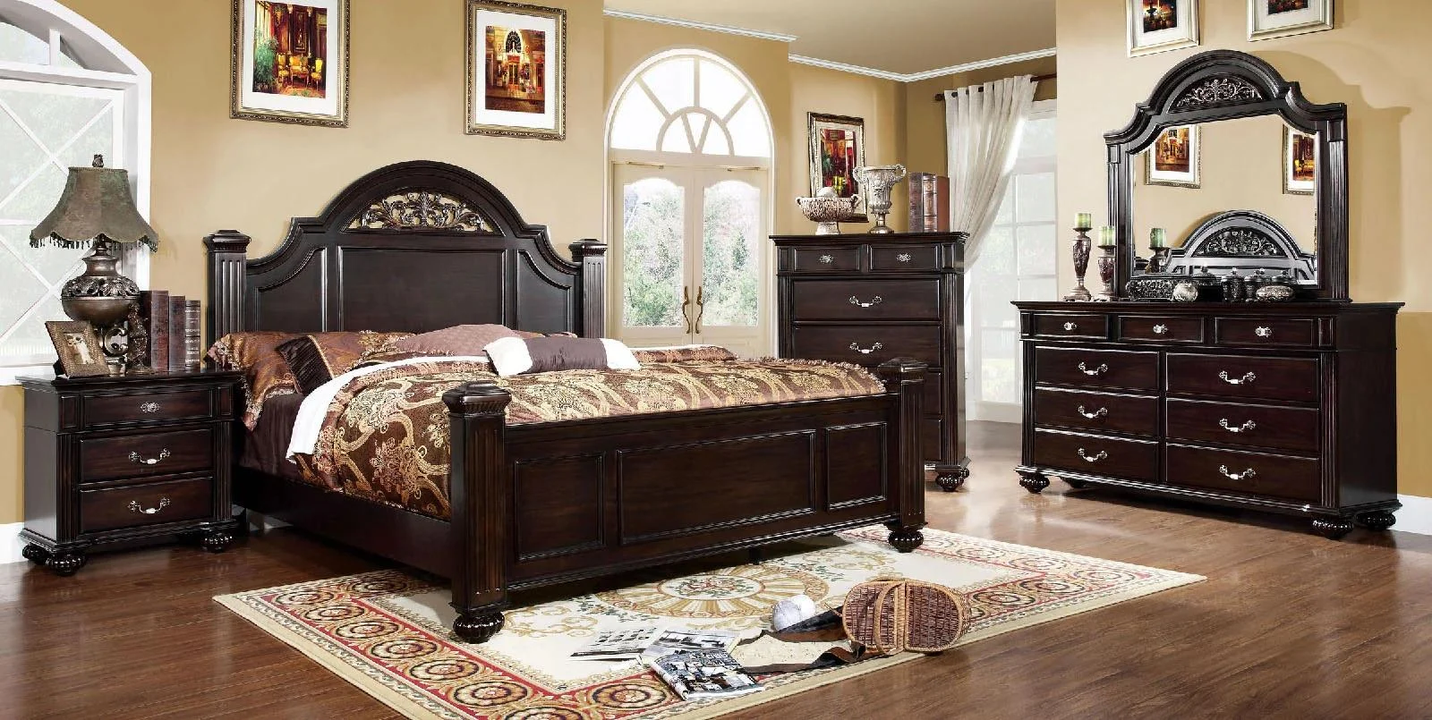 Traditional Dark Walnut Solid Wood Queen Bedroom Set 5pcs FOA CM7129-Q Syracuse
