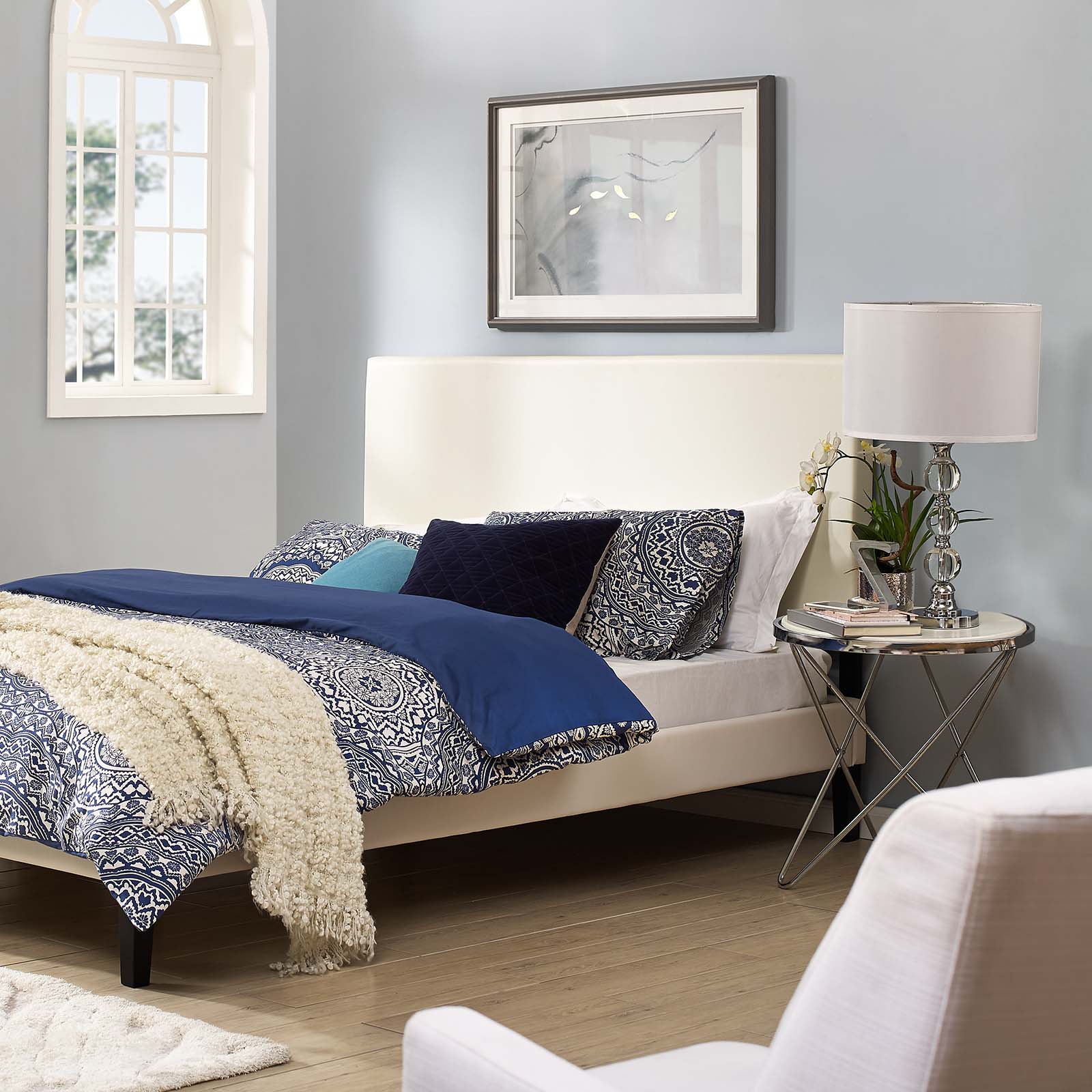 Contemporary Modern Urban Designer Bedroom Full and Queen Size Headbaord, Faux Vinyl Leather, White