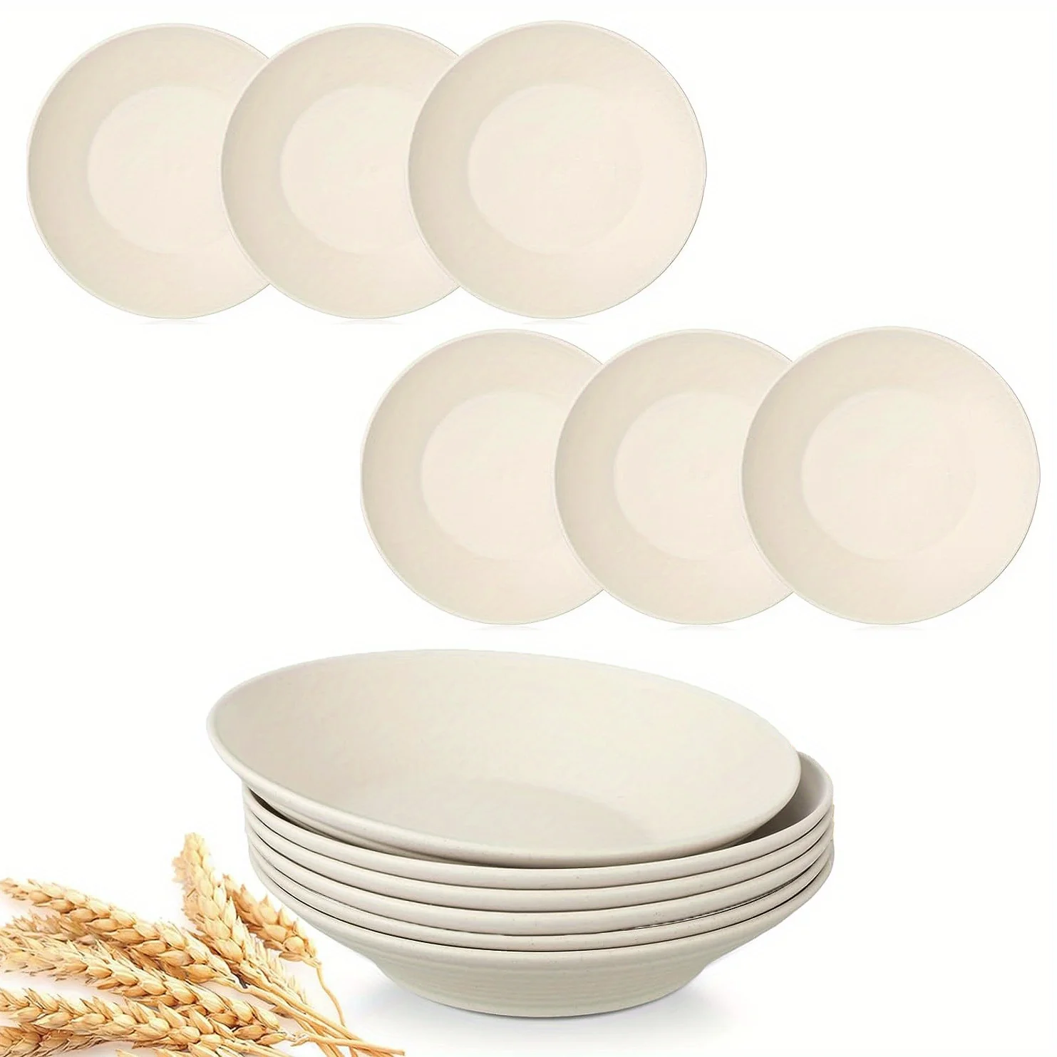 6 Pcs 9 Inch Wheat Straw Tray, Lightweight Plastic Dish Cutlery Unbreakable Reusable Dishwasher Microwave Kitchen Cutlery Deep Dinner Plate, Reusable Wheat Straw Dinnerware, Plastic Plates Alternative