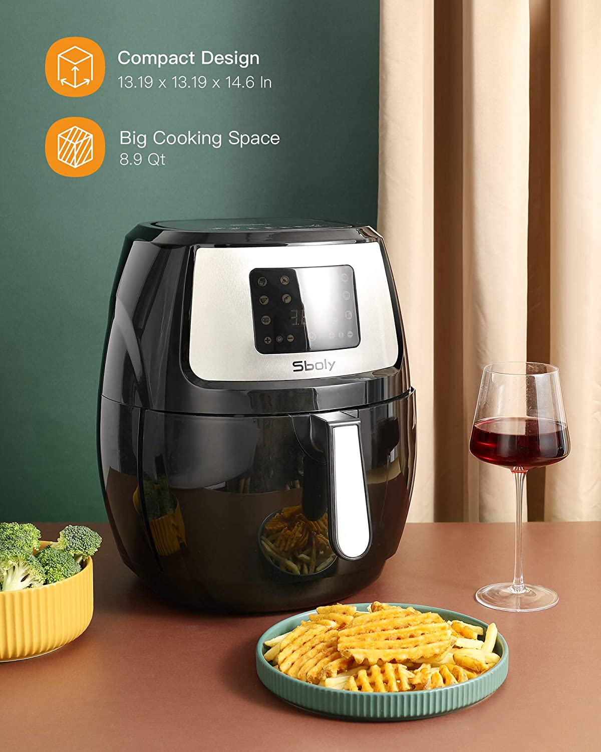 Sboly 8 in 1 Air Fryer, 8.9 Qt with LCD Digital Touch Screen including Cooking Tongs and Recipe Book, Airfryer with Water-based Non-stick Coating Grill Shelf and Frying Basket