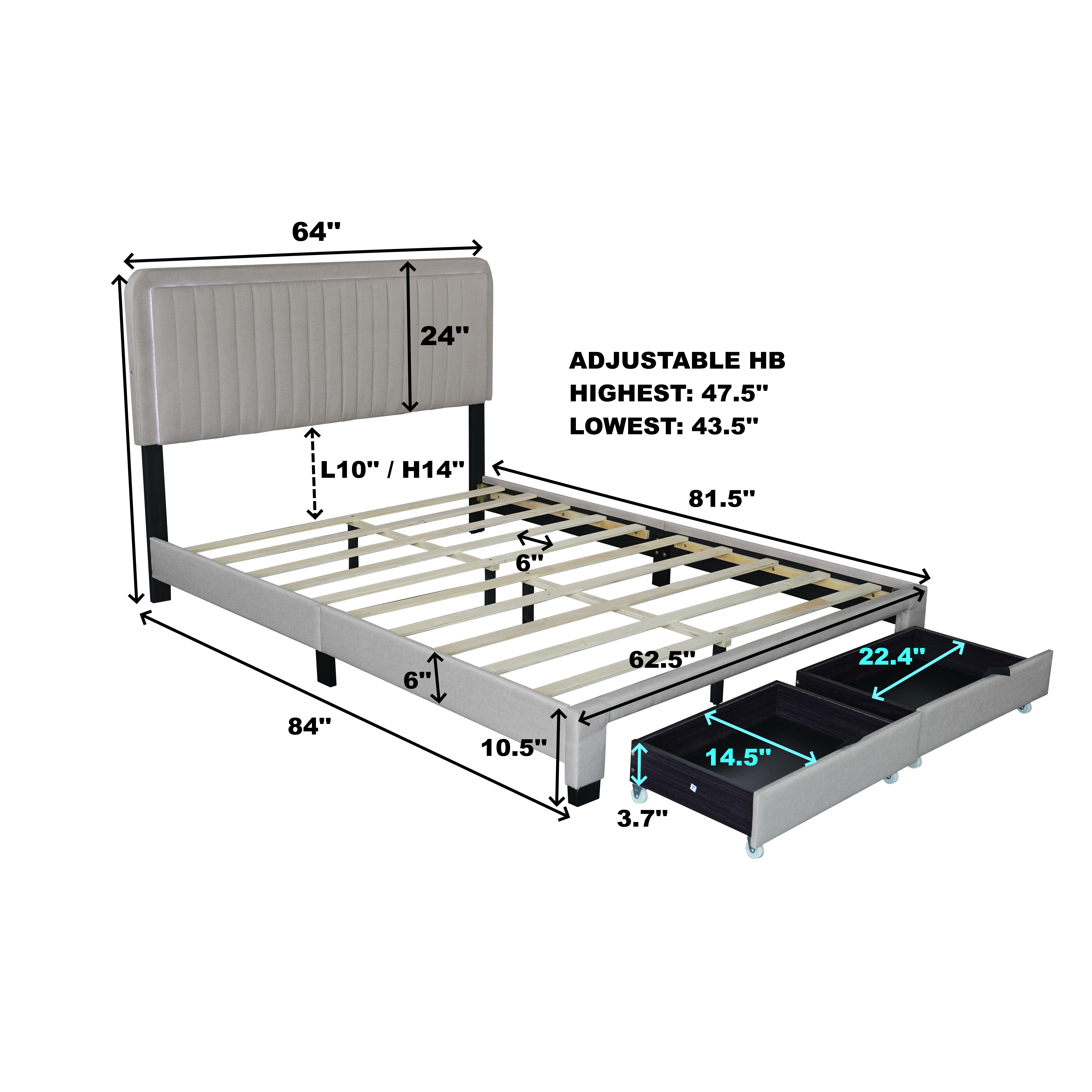 Queen Bed Frame with Adjustable LED Headboard - Linen Upholstered Platform Bed with Footboard Drawers, No Box Spring Required-Beige