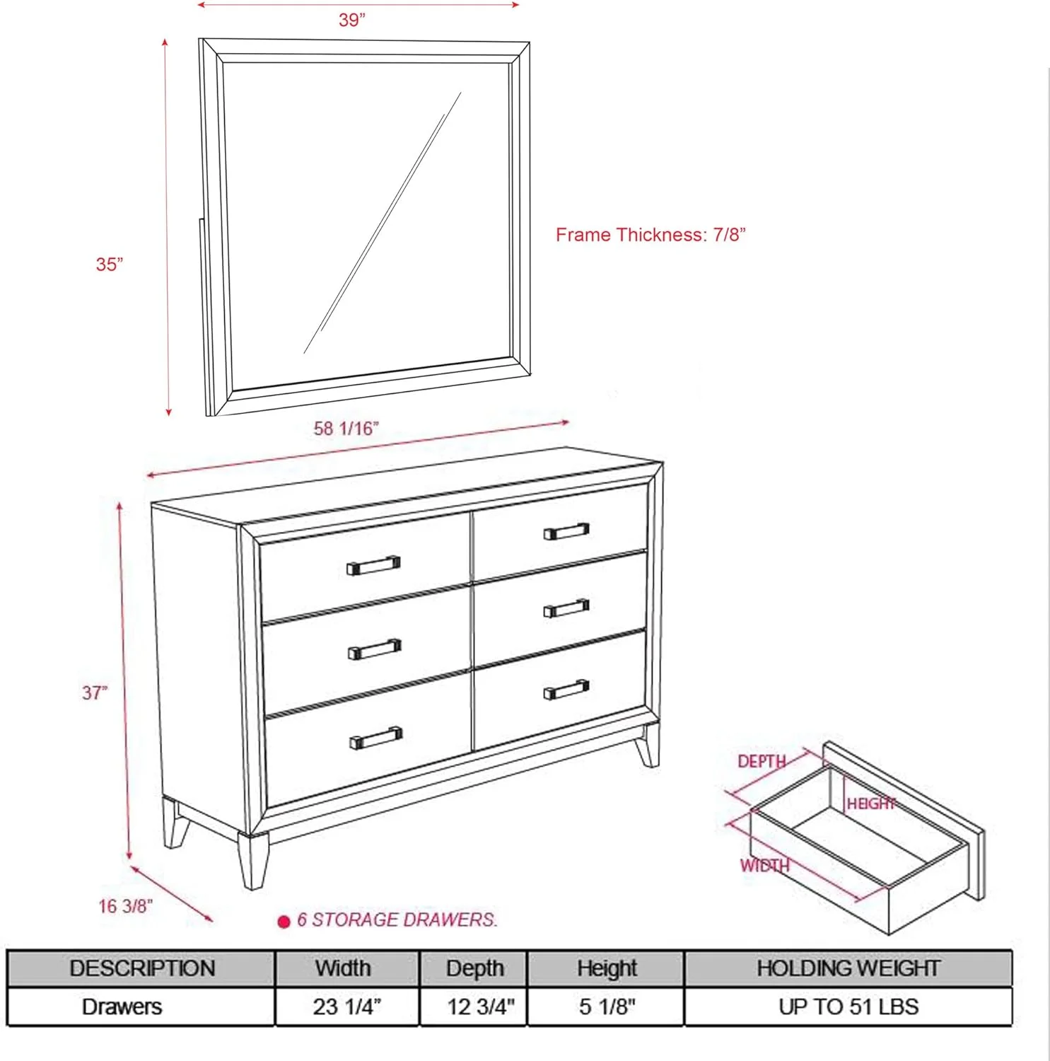 Kings Brand Furniture Ambroise Wood Dresser & Mirror (Gray/Black)