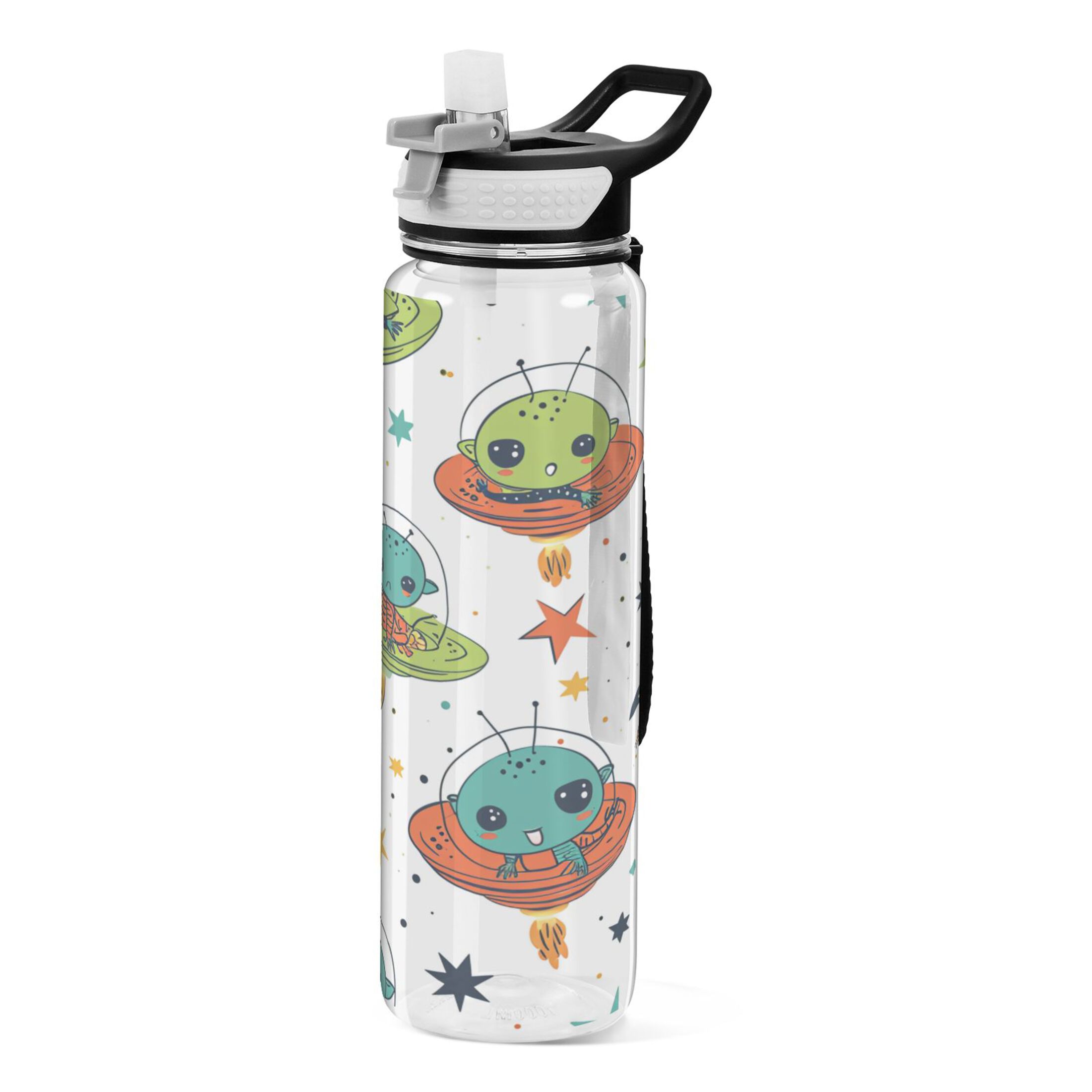 Cartoon Spacecraft 32oz Sports Water Bottles Leakproof Tritan Bottle with Straw BPA Free Clear Bottle for Fitness Gym Outdoor Cycling