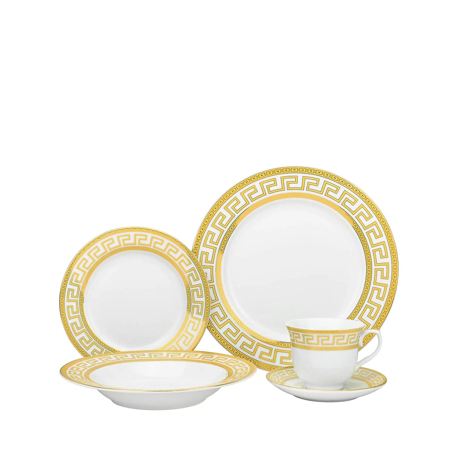 Euro Porcelain 40-pc Dinnerware Set w/ Gold Greek Key Pattern & 24K Ornament - HQ Dining Service for 8