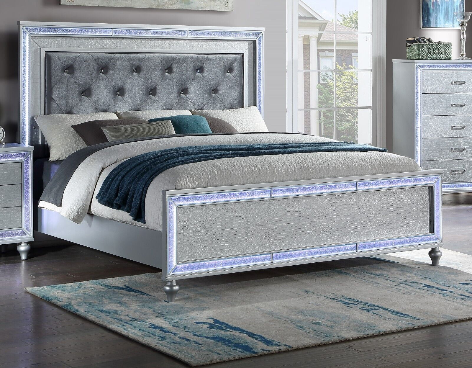 Contemporary 5pc King Size Upholstered Bed Dresser Mirror Nightstand Wooden Master Bedroom LED Lights Set Silver Finish