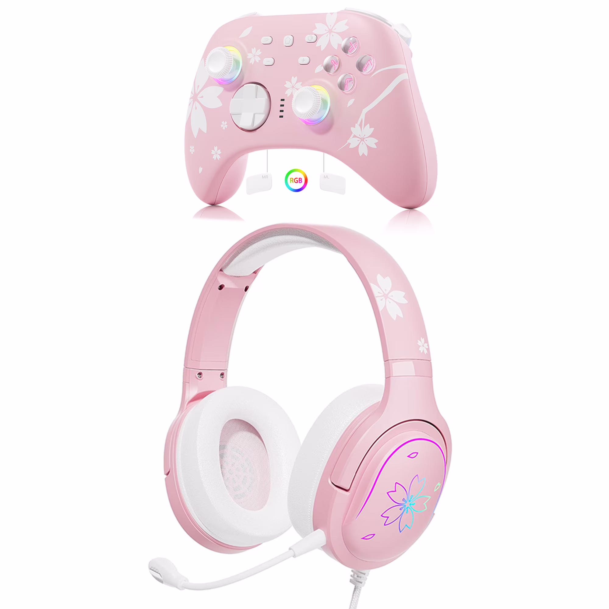 Pink RGB Gaming Headset and Upgraded Switch Pro Controller for Nintendo Switch/PC/IOS/Android/Steam with Hall Effect Joysticks Triggers Pink