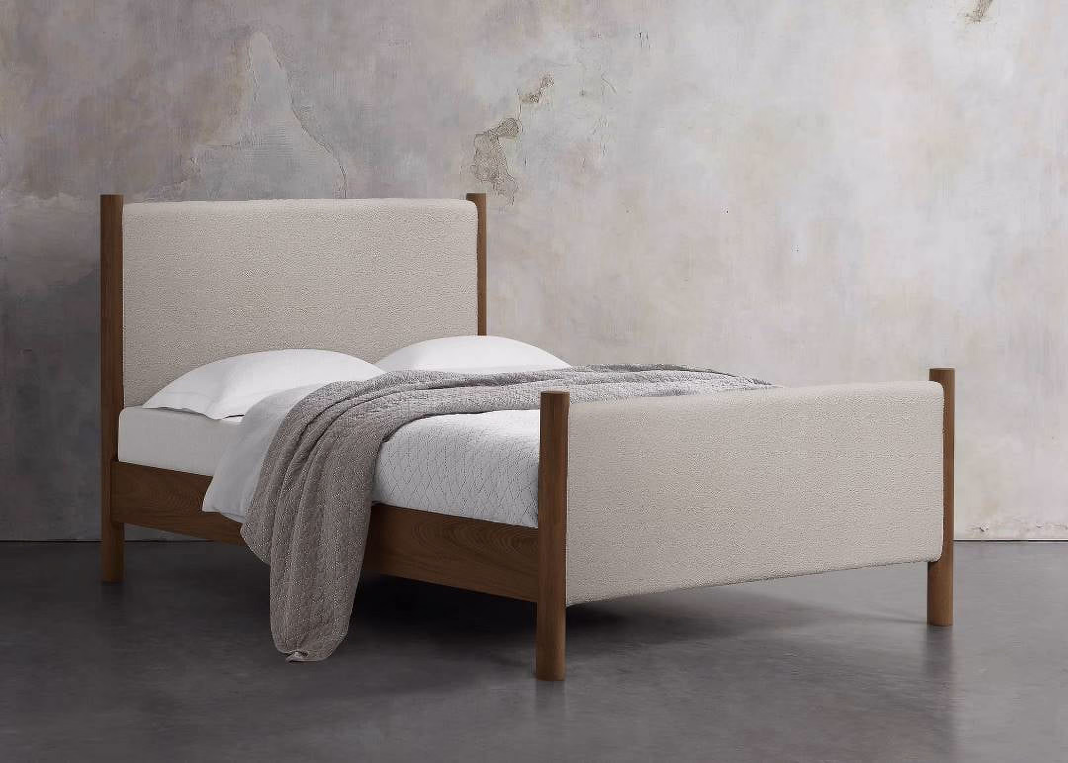 Alfred Modern White Platform Bed, Modern Terry White Bed Frame w/ Wood Legs, (Queen)