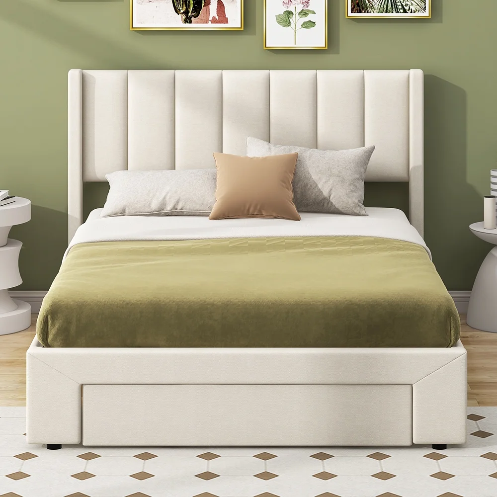 EUROCO Full Size Upholstery Platform Bed with Three Storage Drawers for Bedroom, Beige