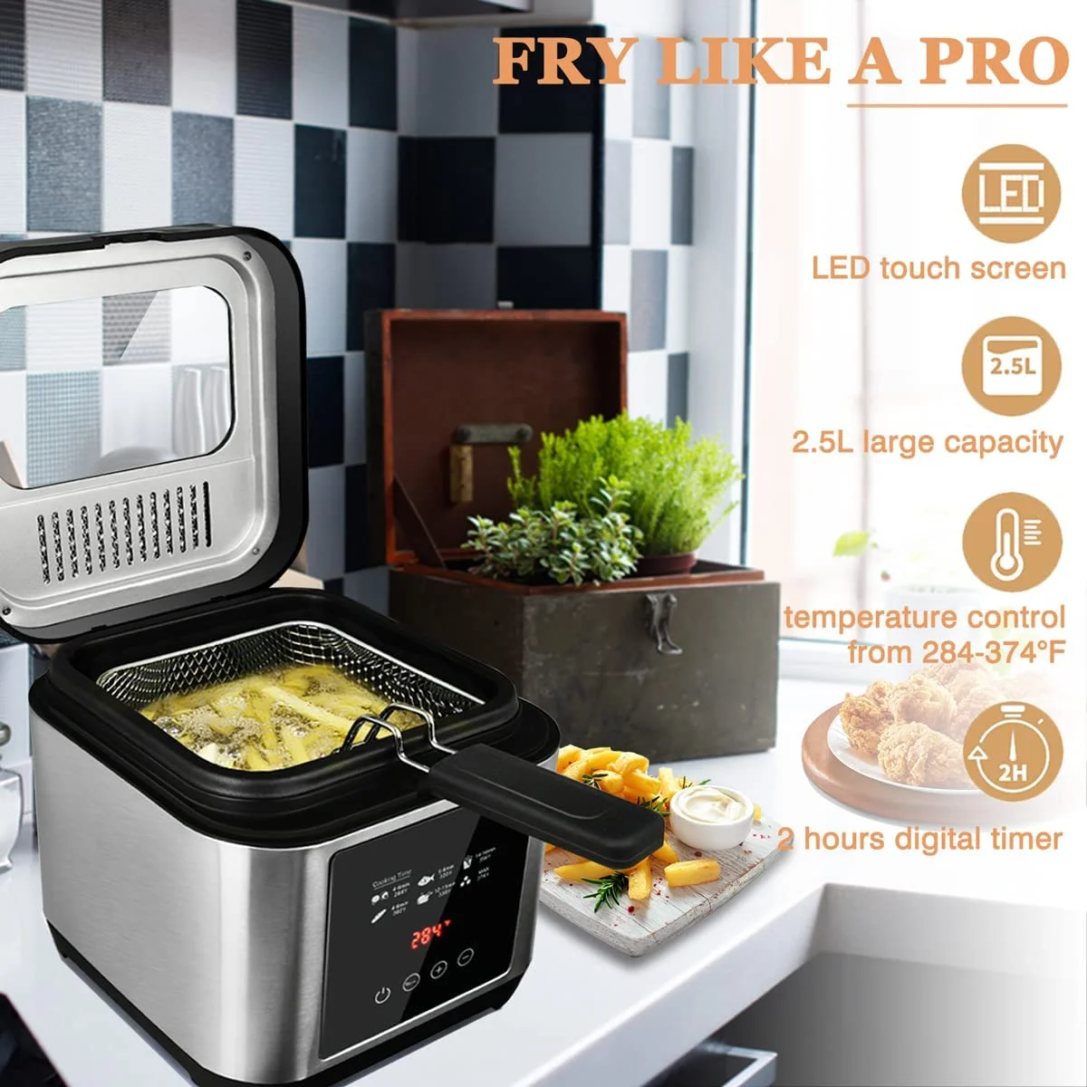 Deep Fryer, Cusimax Electric Deep Fryer with Basket, Oil Thermostat, 2.5l/2.64qt Deep Fat Fryers with Timer, Removable Lid, View Window, Cool Touch Handle, Stainless Steel Oil Fryer with Drain Hook