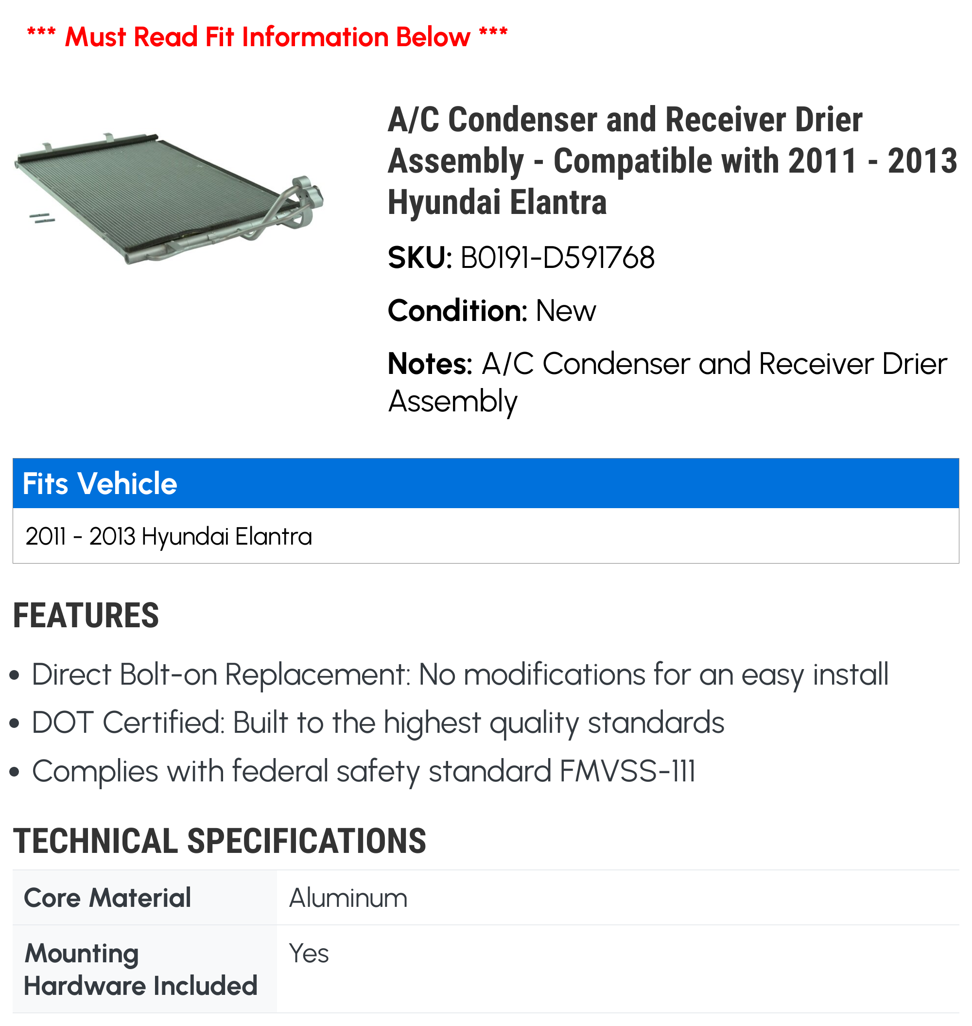 A/C Condenser and Receiver Drier Assembly - Compatible with 2011 - 2013 Hyundai Elantra 2012