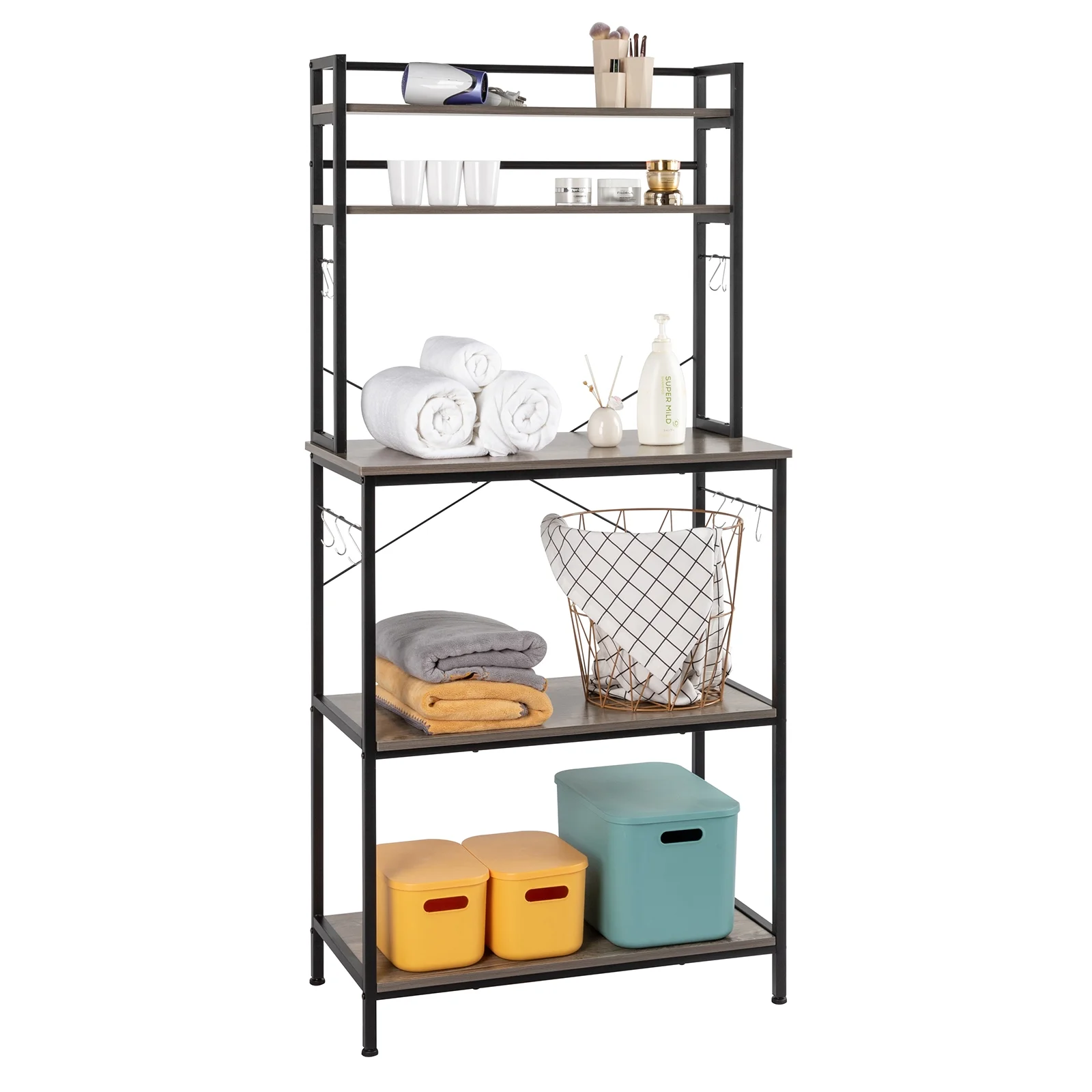 5-Tier Kitchen Bakers Rack wif 10 S-Shaped Hooks, Industrial Microwave Oven Stand, Free Standing Kitchen Utility Cart Storage Shelf Organizer (Rustic Gray)