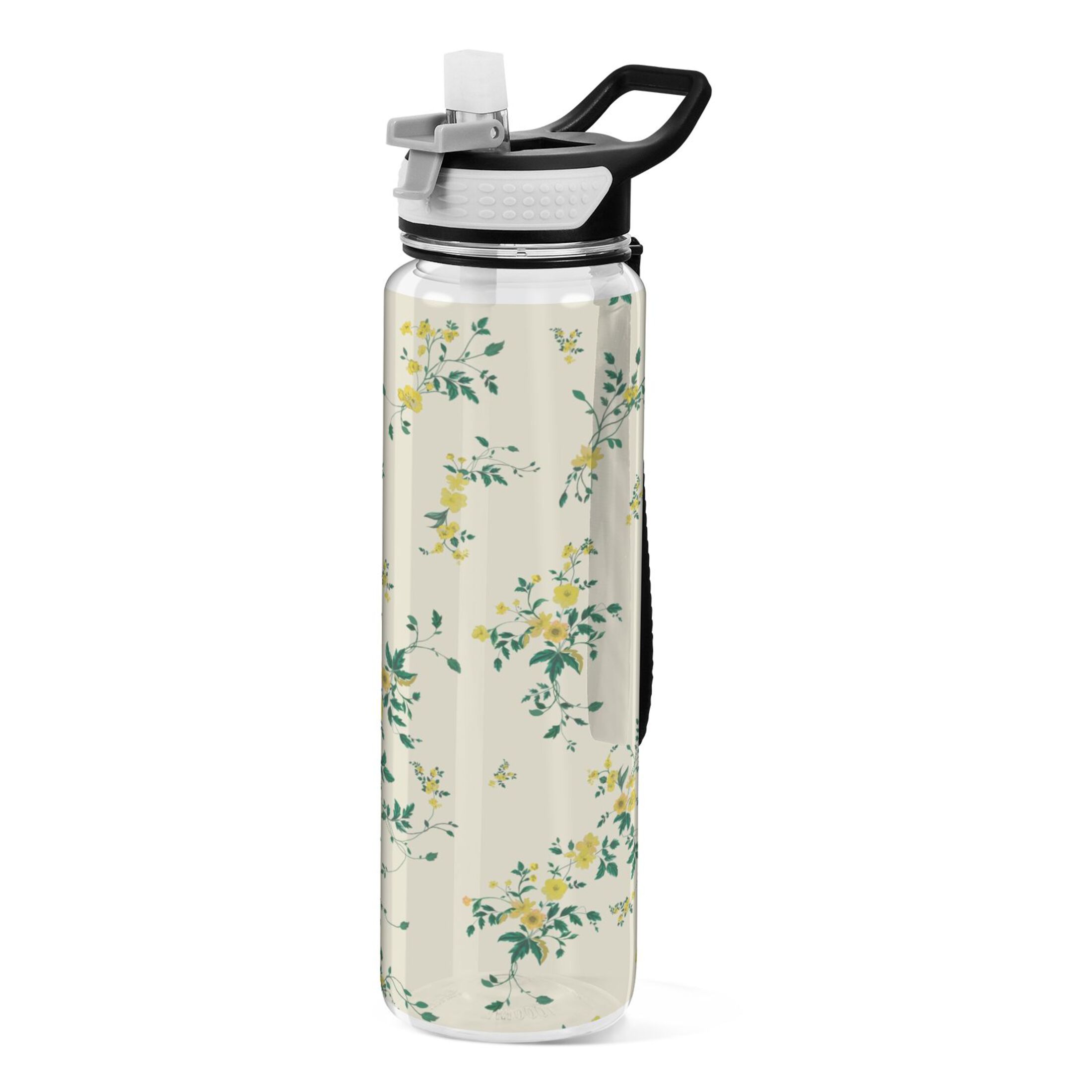 Floral with Green Leaf 32oz Water Bottles with Straw Tritan Leakproof Sports Bottle BPA Free Clear for Fitness Gym Swimming Cycling
