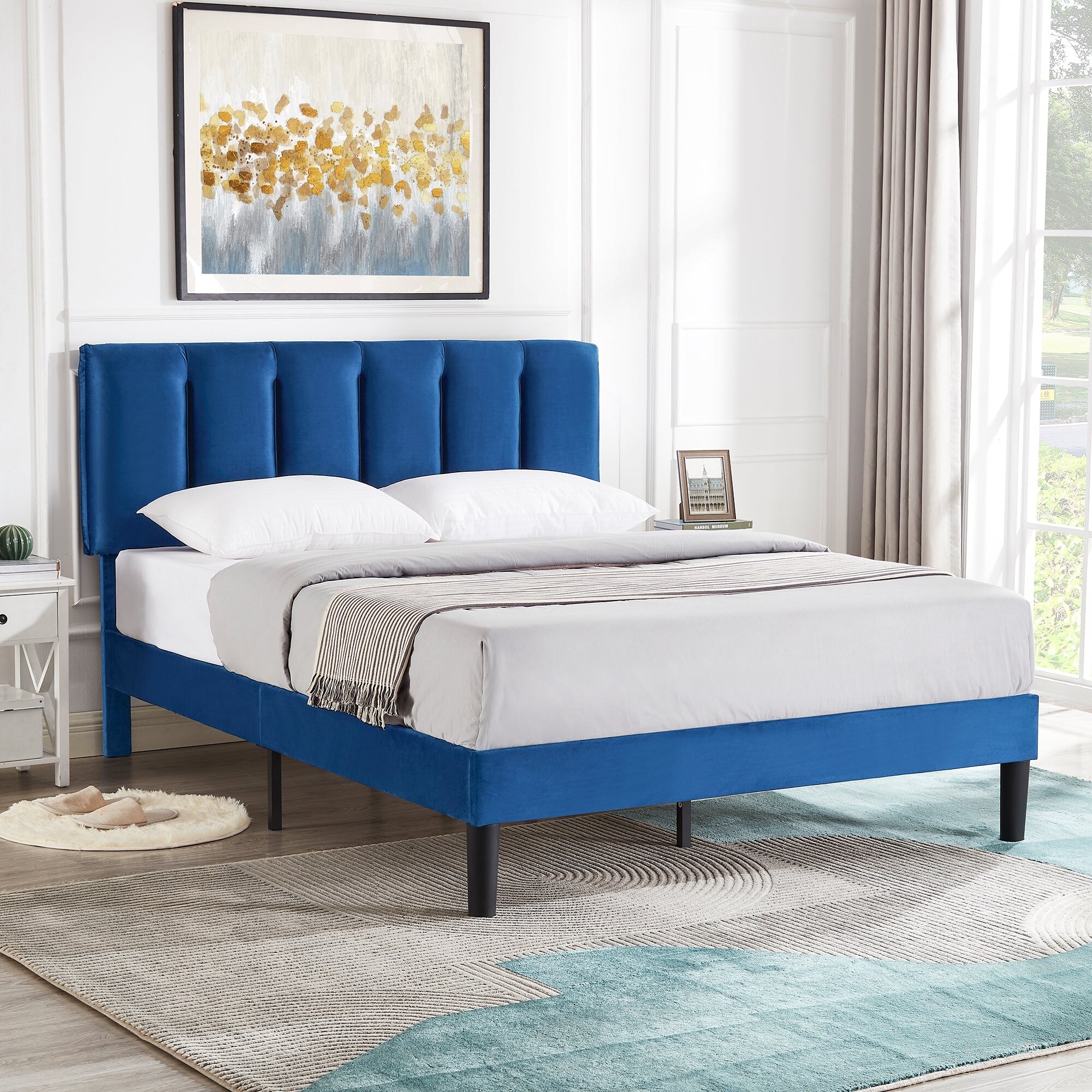 Javlergo Tufted Upholstered Bed Frame with Adjustable Height Headboard Blue - Queen