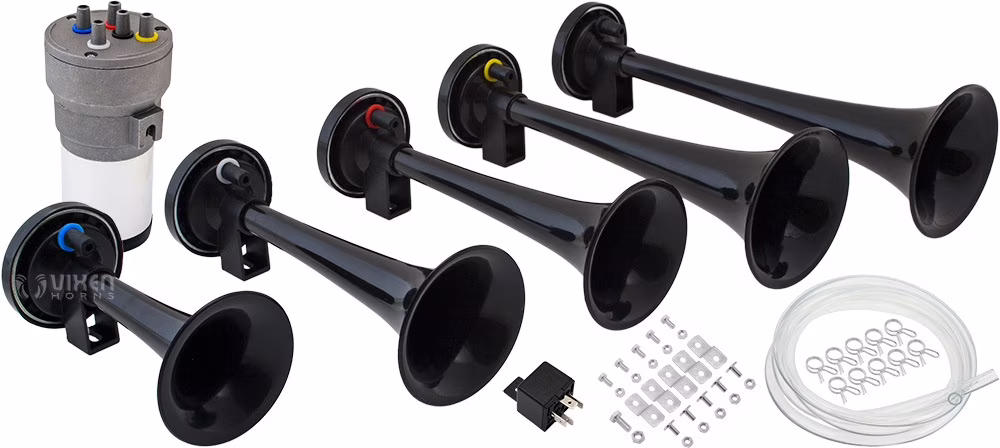 Vixen Horns LOUD 5/Five Trumpet Dixie Musical/Music Sound Air Horn with Compressor Full Complete System/Kit Black 12V VXH6801B