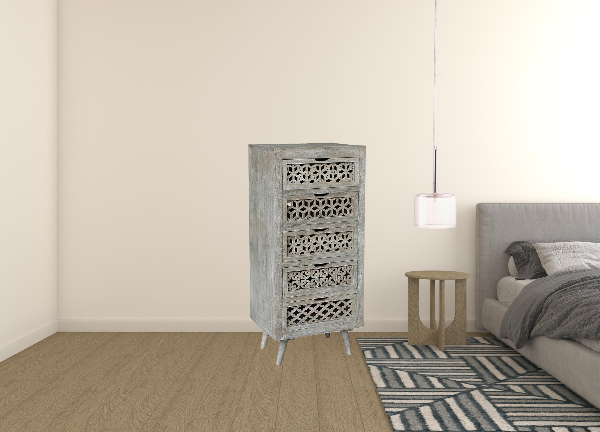 HomeRoots 489195 20 in. Solid Wood Five Drawer Standard Chest, Gray