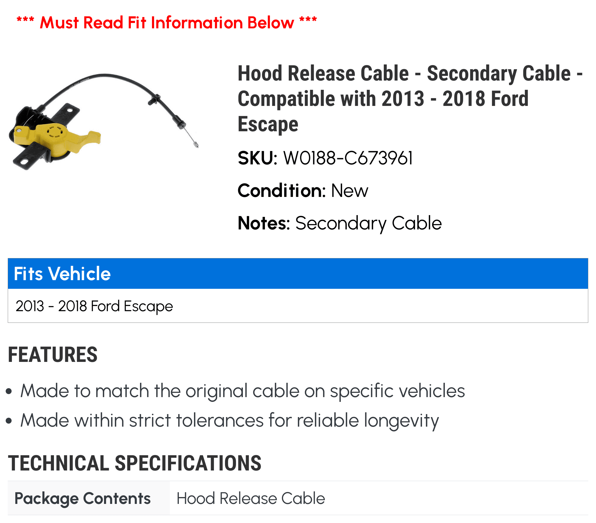 Hood Release Cable - Secondary Cable - Compatible with 2013 - 2018 Ford Escape 2014 2015 2016 2017