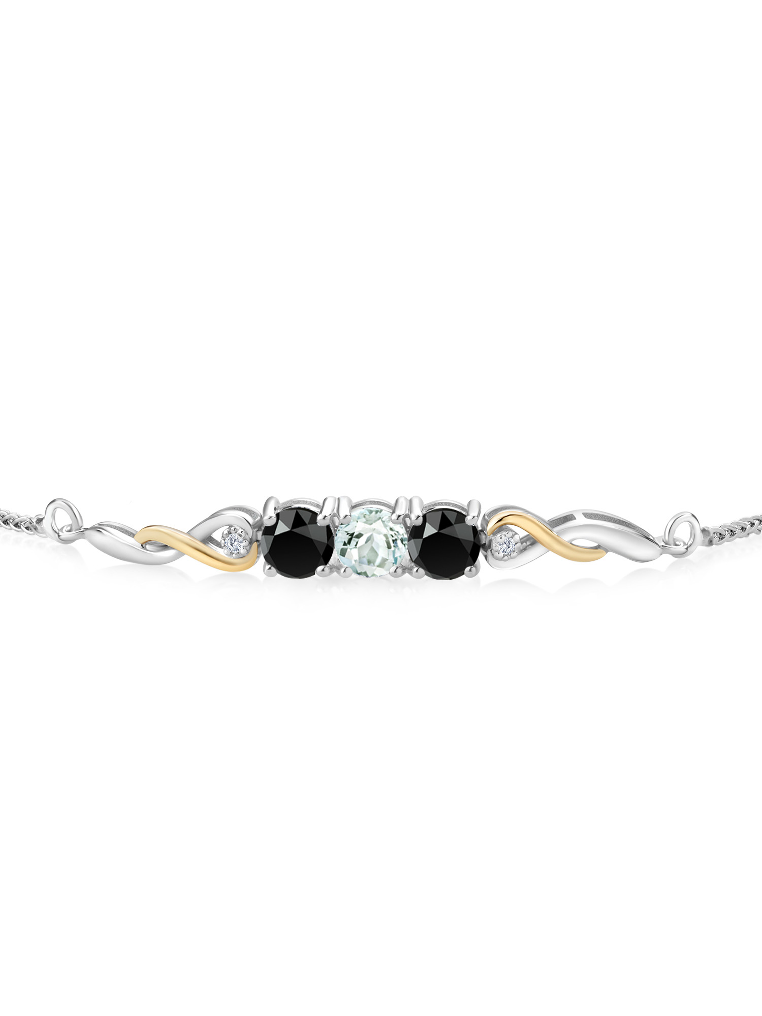 925 Sterling Silver and 10K Yellow Gold Sky Blue Aquamarine Black Onyx and White Lab Grown Diamond Tennis Bracelet For Women (1.47 Cttw, Gemstone March Birthstone, Fully Adjustable Up to 9 inch)