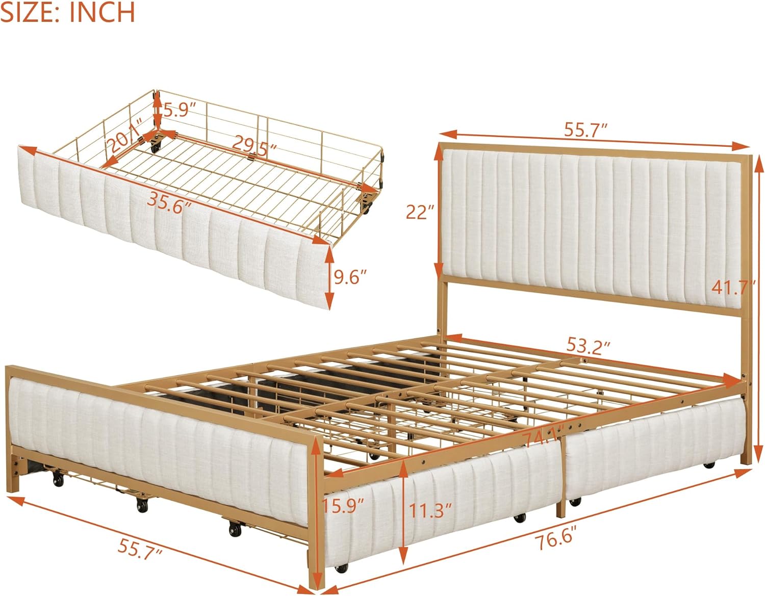 Full Size Upholstered Bed Frame with 4 Drawers, Linen Platform Storage Bedframe Mattress Foundation, Heavy Duty Metal Slats Support, No Box Spring Needed