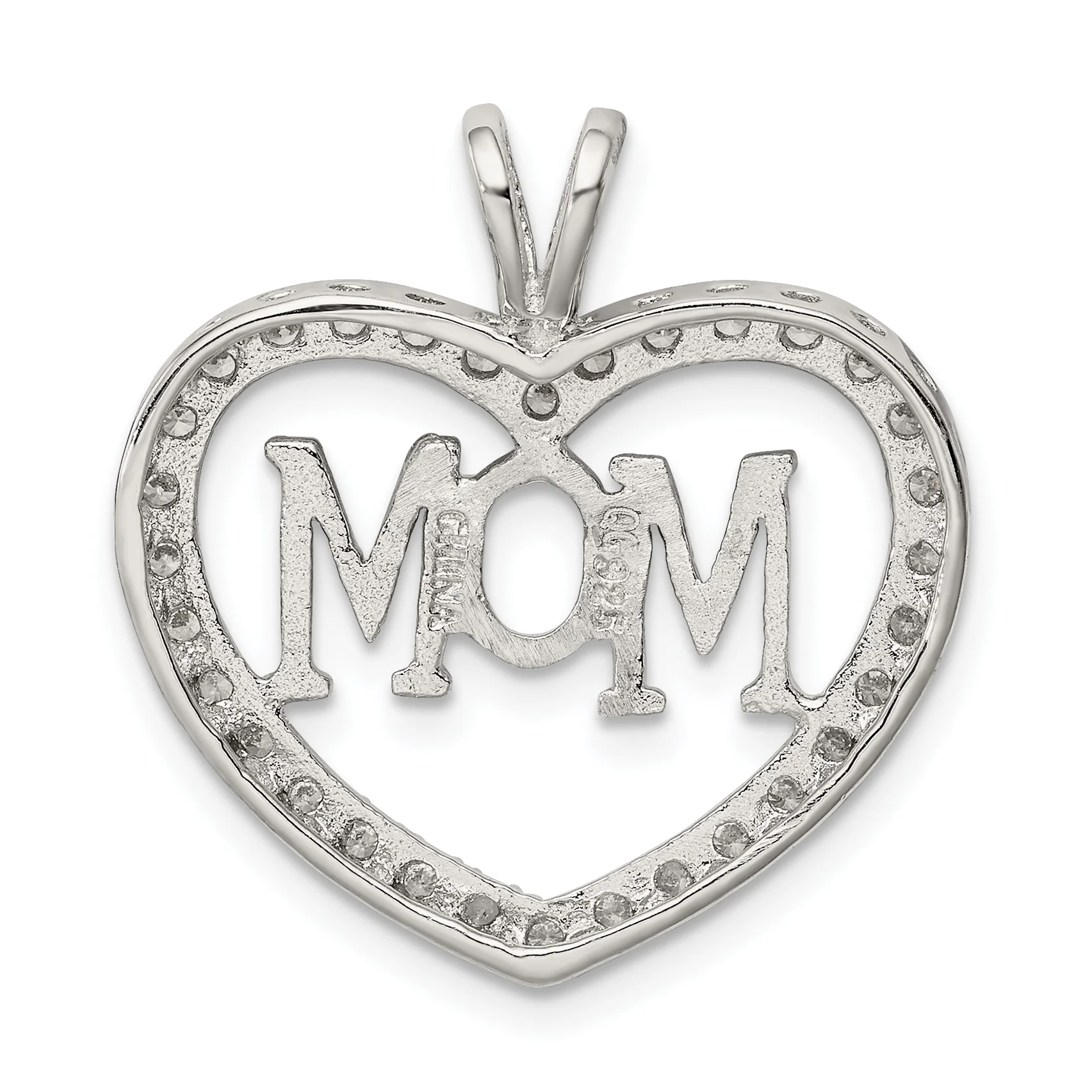 Carat in Karats Sterling Silver Polished Finish Rhodium-Plated CZ Open Heart Mom Charm Pendant (26mm x 24mm) With Sterling Silver Cable Chain Necklace 20''