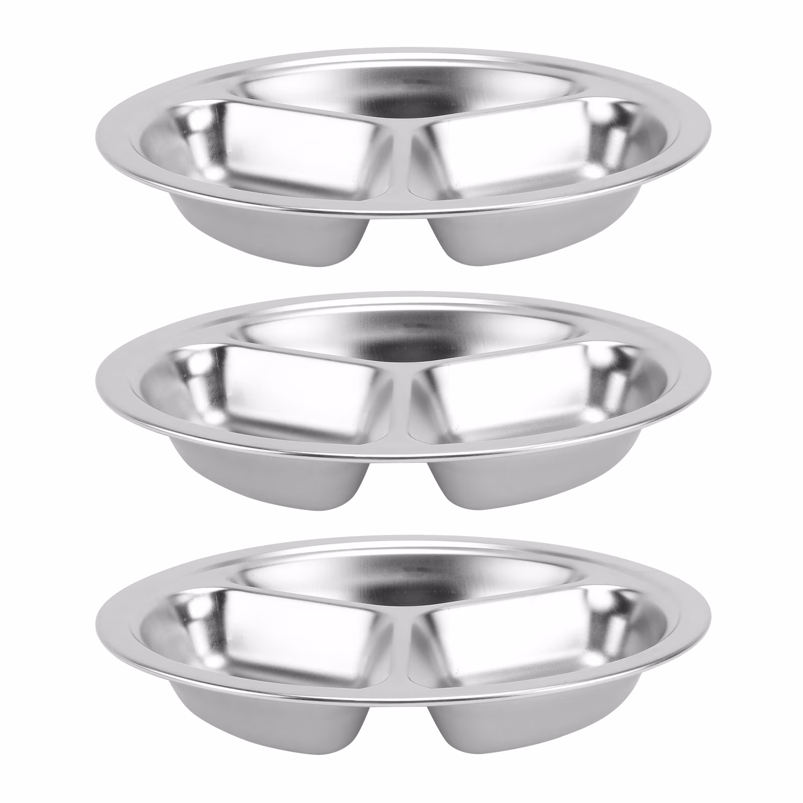 3Pcs Round Stainless Steel Dinner Tray Separation Plates Fast Food Plate Rice Dishes Silver (20cm, 3 Grids)
