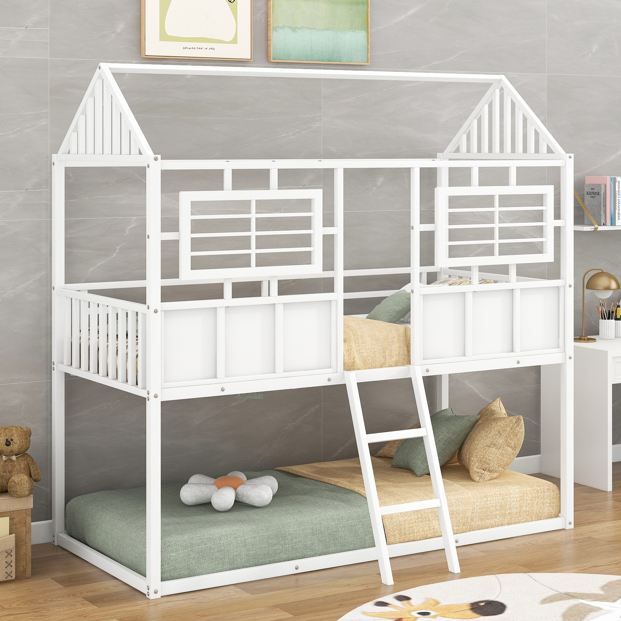 Dawn Whisper Twin over Twin Size Metal Low Bunk Beds with Roof and Fence-shaped Guardrail, White