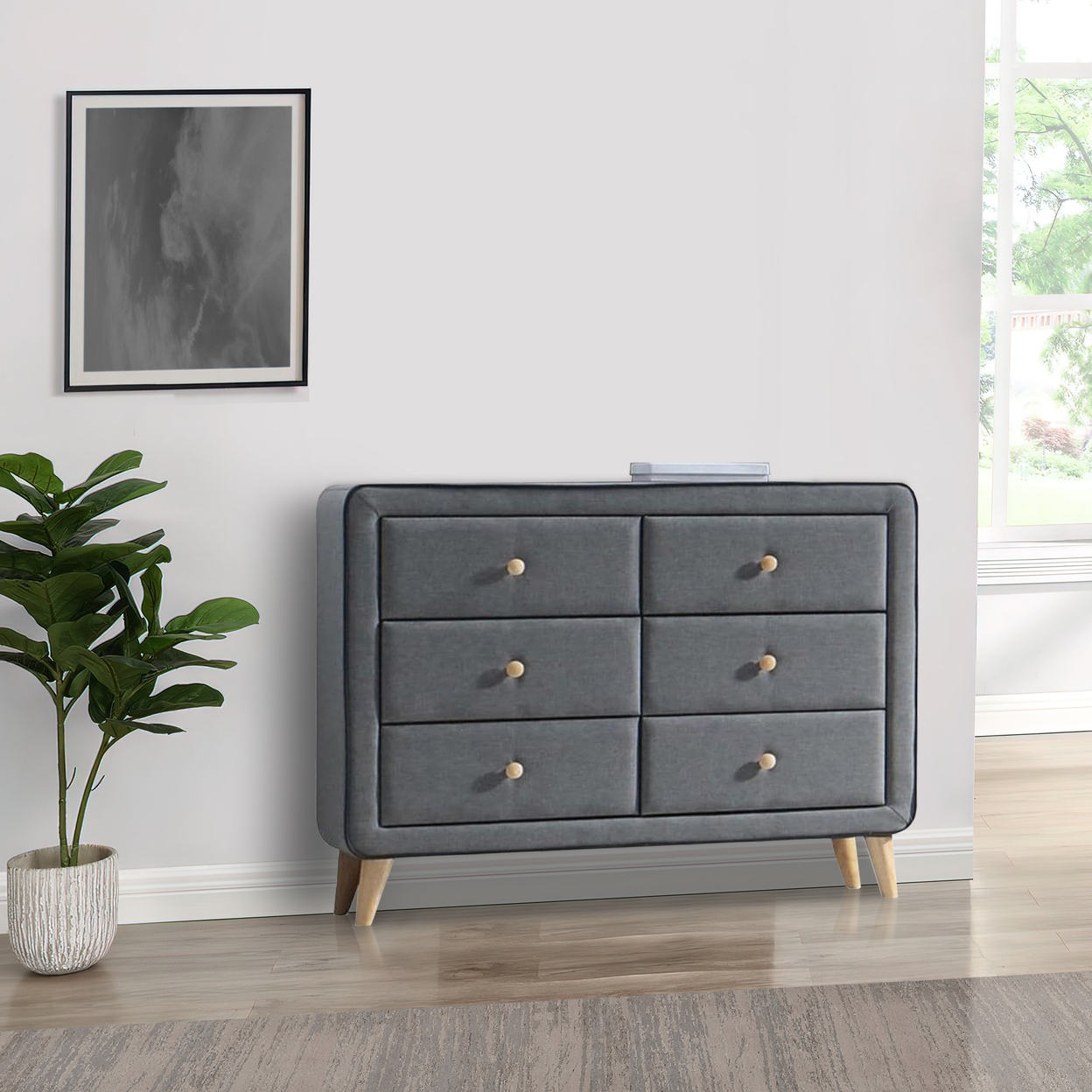 Transitional Style Wood and Fabric Upholstery Dresser with 6 Drawers, Gray