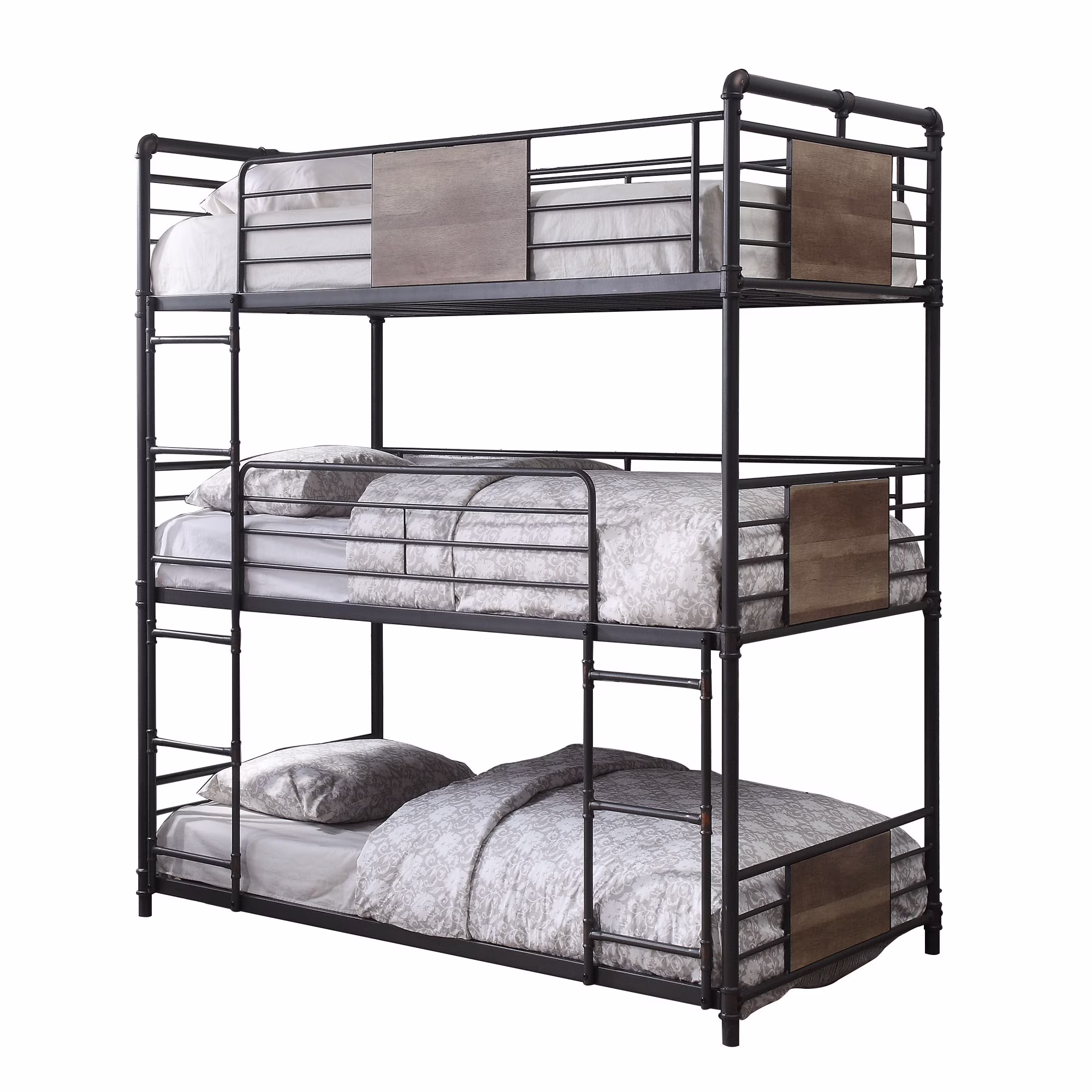 Metal Triple Twin over Twin Size Bunk Bed with Ladders,Black and Brown