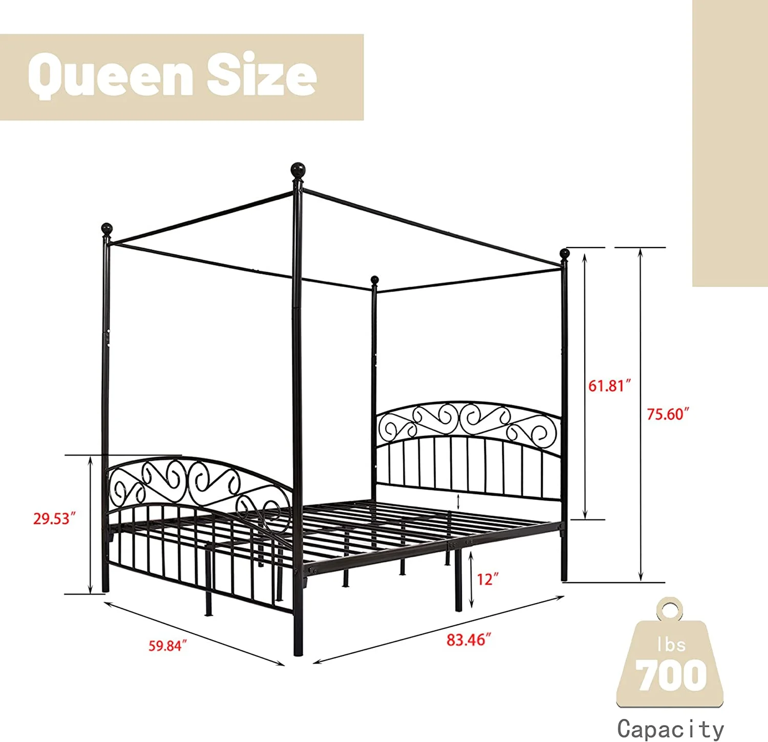 Zoophyter Metal Canopy Queen Size Bed Frame with Headboard Heavy Duty Steel Slat Support No Box Spring Needed Easy Assemble Black