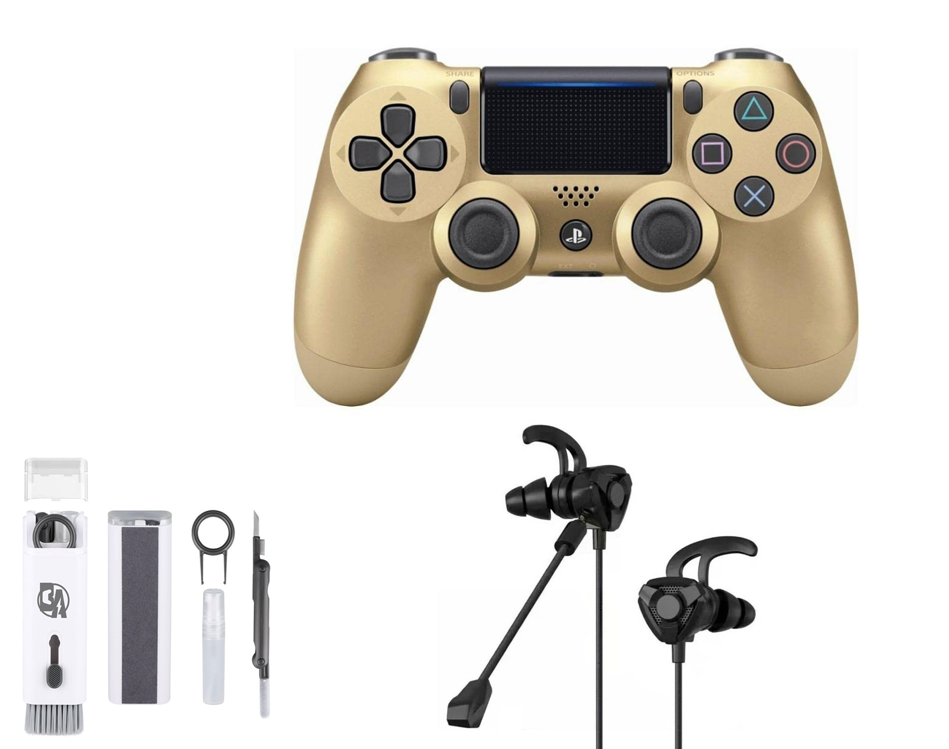 Sony Dual Shock Gold Gaming Controller PS4 Console With Black Gaming Buds + Cleaning Kit BOLT AXTION Bundle Like New