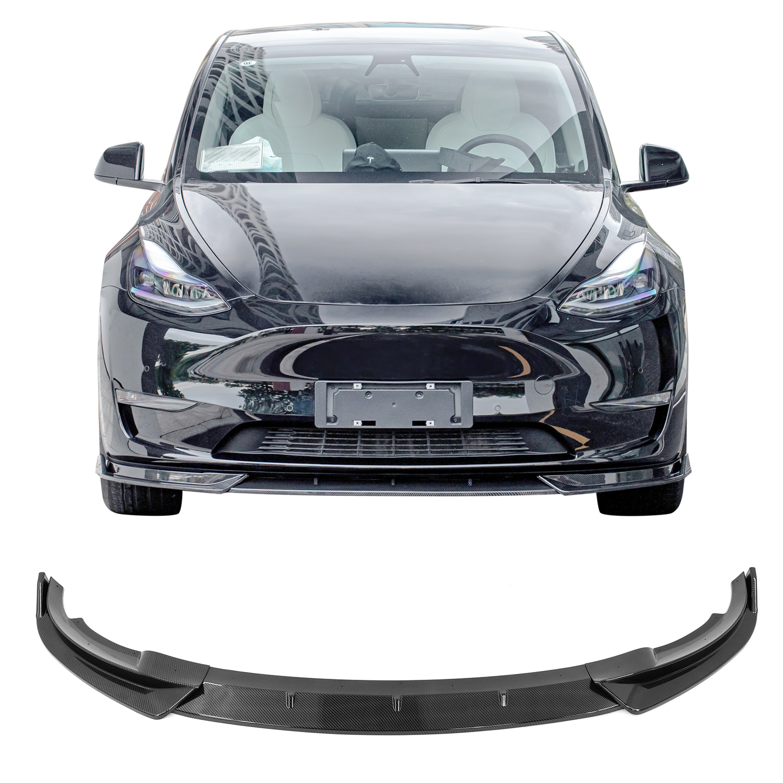 Ikon Motorsports Compatible with 20-23 Tesla Y 3PCS Front Bumper Lip Spoiler IKON Style PP Carbon Fiber Print