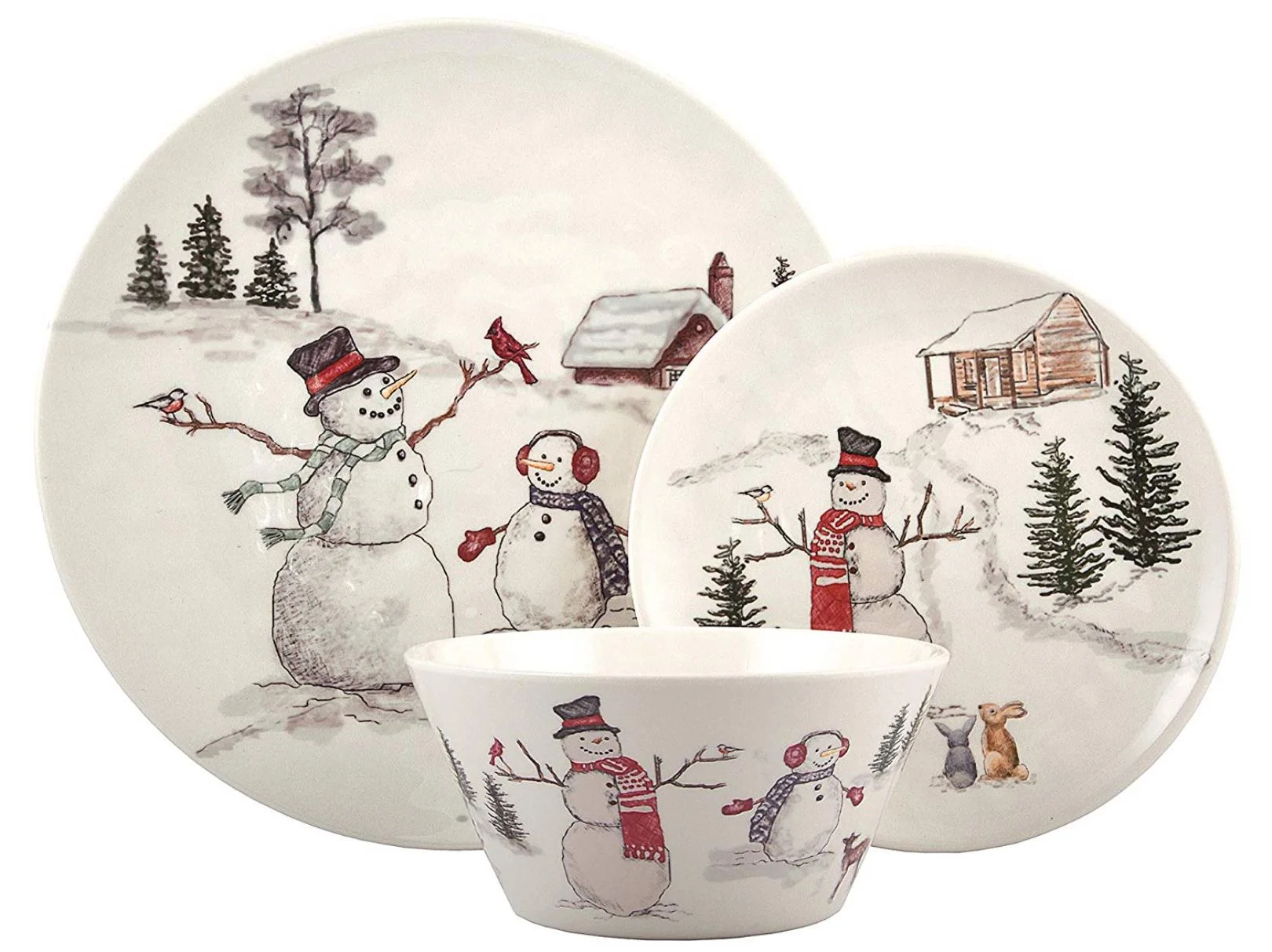 Melange 608410091344 18-Piece 100% Dinnerware Set for 6 Christmas Collection-Snowman Shatter-Proof and Chip-Resistant Melamine Dinner Plate, Salad Plate & Soup Bowl (6 Each), 10.5