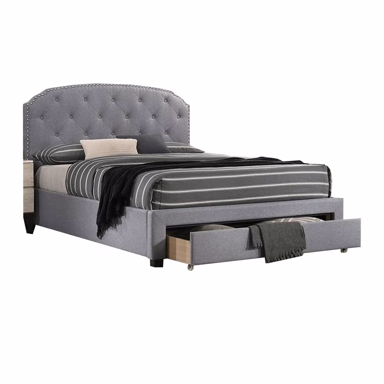Nue Twin Upholstered Bed with Curved Tufted Headboard, Nailhead Trim, Gray- Saltoro Sherpi