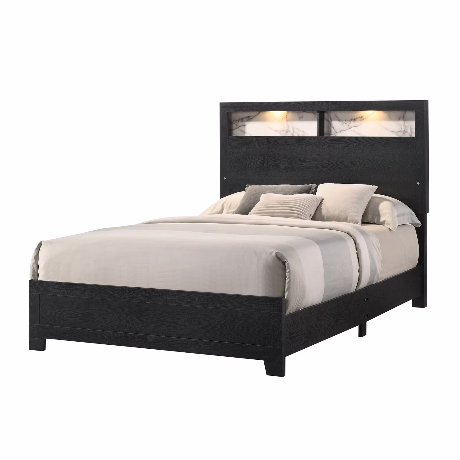 Benjara Yoh Queen Size Bed, Wood, Headboard with Lights and Shelves, Black