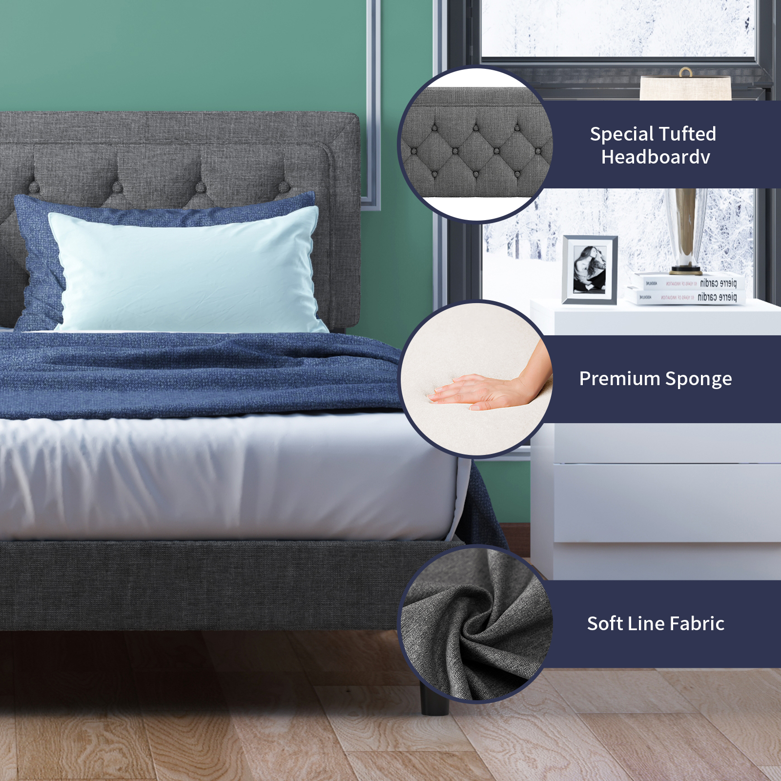 ijuicy King Size Bed Frame, Linen Fabric Upholstered Adjustable Headboard with Button Tufted for Bedroom, No Box Spring Needed - Dark Grey