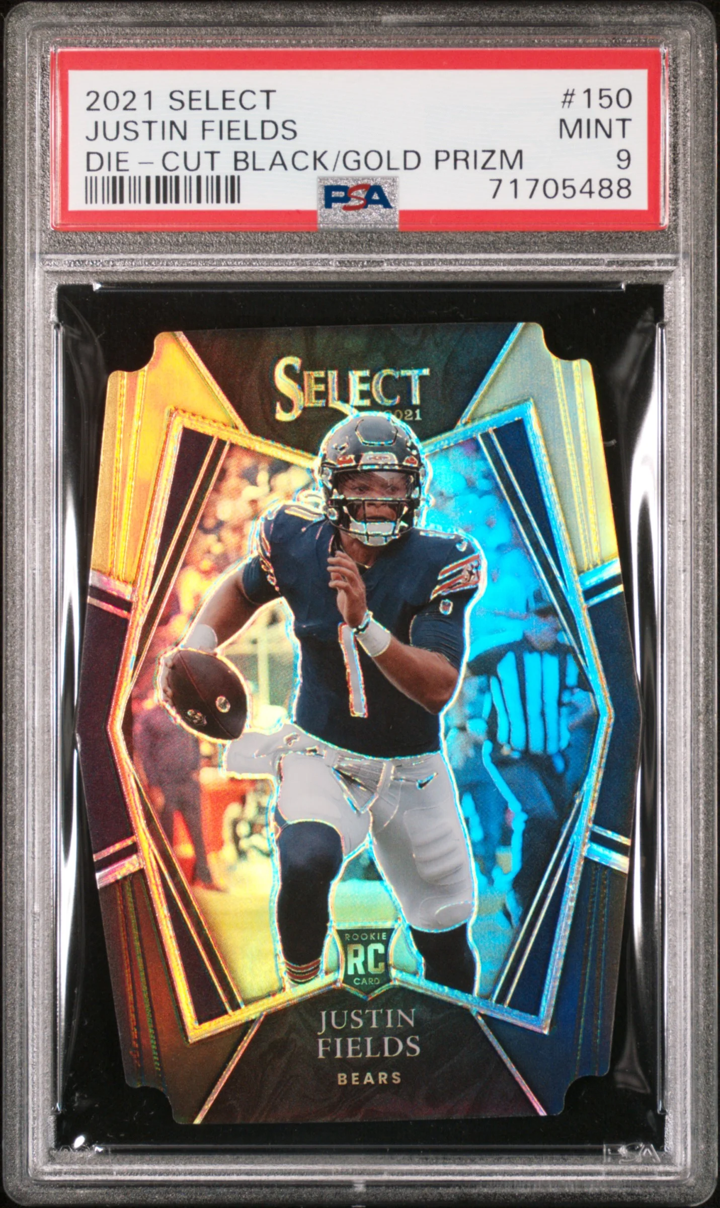 Justin Fields Bears 2021 Select Black/Gold Prizm Die-Cut Rookie Card #150 PSA 9