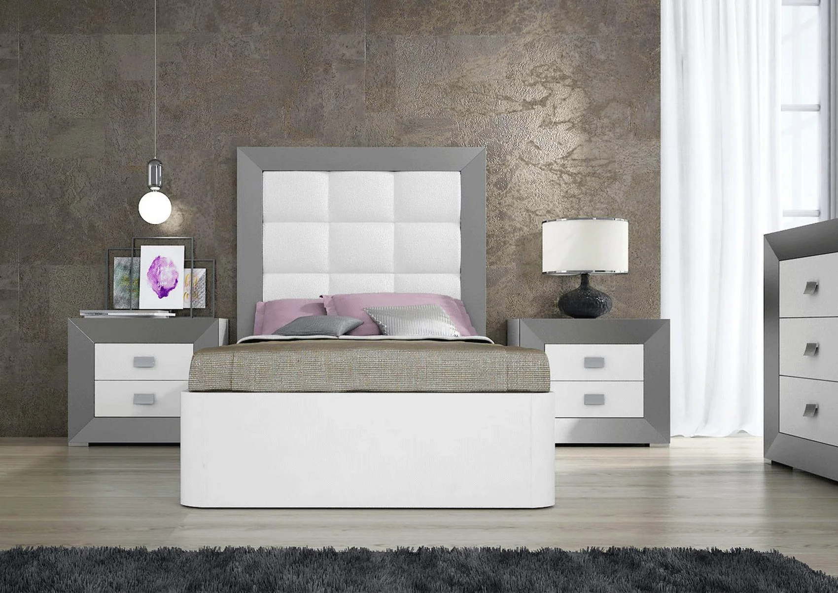 Silver & White Eco Leather Full Storage Bedroom Set 4Pcs Margo ESF MADE IN SPAIN